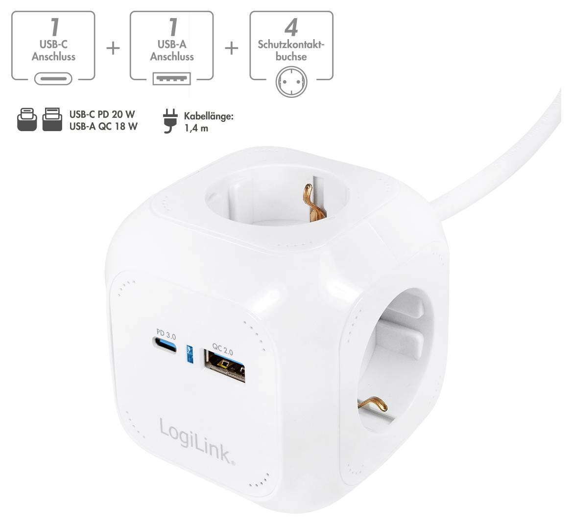 Weißer LogiLink Würfelstecker mit drei Steckdosen und zwei USB-Anschlüssen (USB-C und USB-A). Gekennzeichnet mit Ausgängen: USB-C 20W, USB-A 18W. Kabellänge 1,4m.