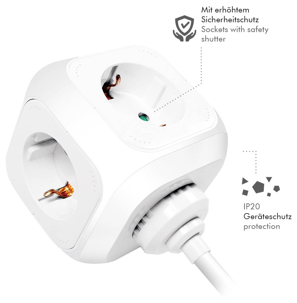 Ein weißer, kubischer Steckdosenverteiler mit mehreren Steckdosen, ausgestattet mit Sicherheitsblenden und IP20-Schutz für eine verbesserte elektrische Sicherheit.