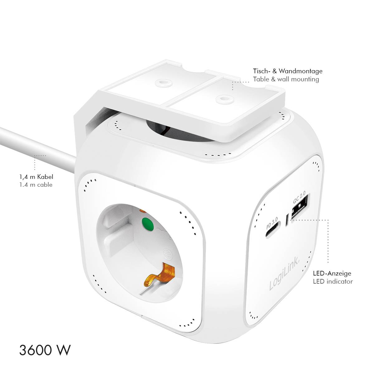 LogiLink Steckdosenadapter mit USB-Anschlüssen, LED-Anzeige und 1,4 m Kabel. Für Wand- und Tischmontage, 3600 W Kapazität.
