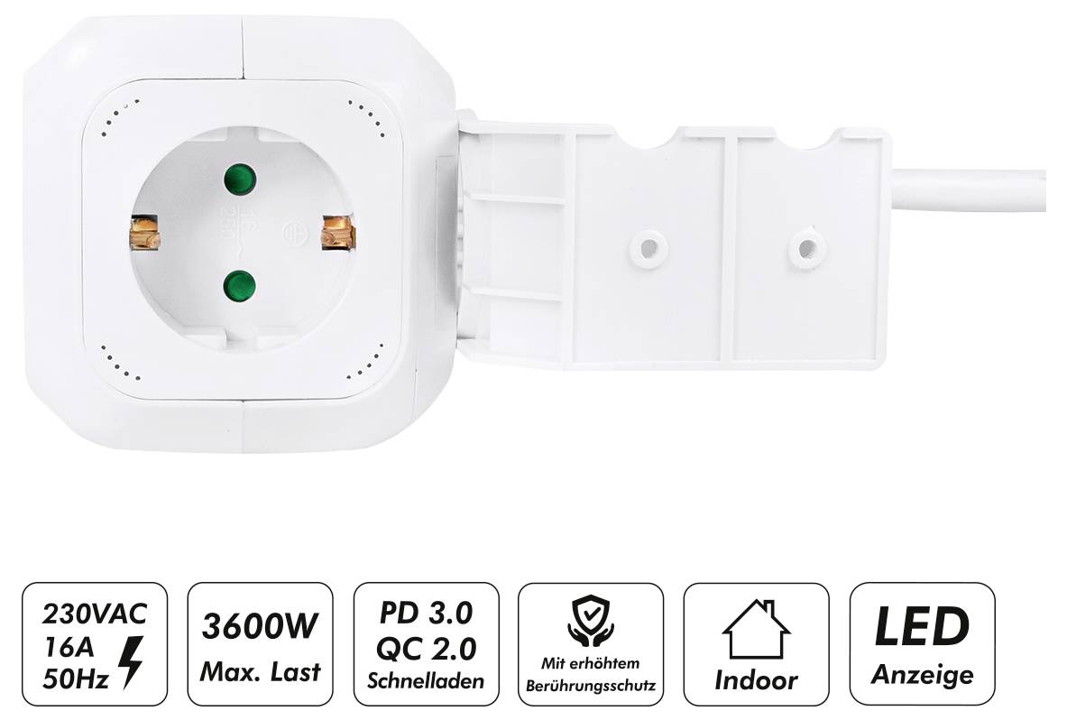 Steckdosenleiste mit 230VAC, 16A, 50Hz, max. Belastung 3600W. Ausgestattet mit PD 3.0, QC 2.0 Schnellladefunktion, verstärktem Berührungsschutz, für den Innenbereich, mit LED-Anzeige.