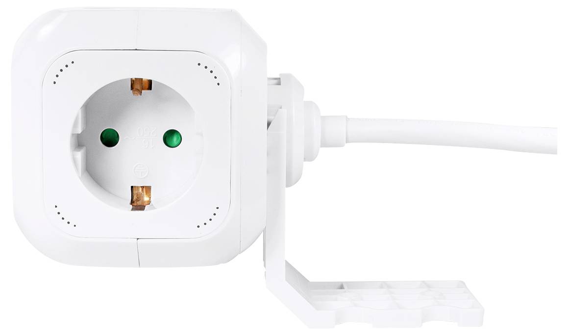 Ein weißer, würfelförmiger Steckerleiste mit mehreren Steckdosen und einem langen Kabel, entwickelt für vielseitige elektrische Verbindungen.