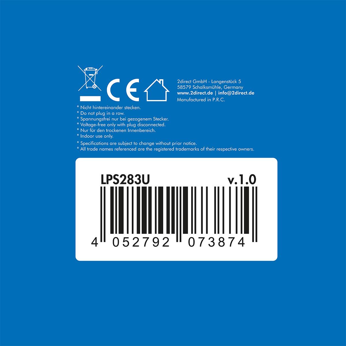 Weißes Produktetikett auf blauem Hintergrund. Enthält einen Barcode (LPS283U v.1.0), Sicherheitssymbole und Firmen-Kontaktinformationen darunter.