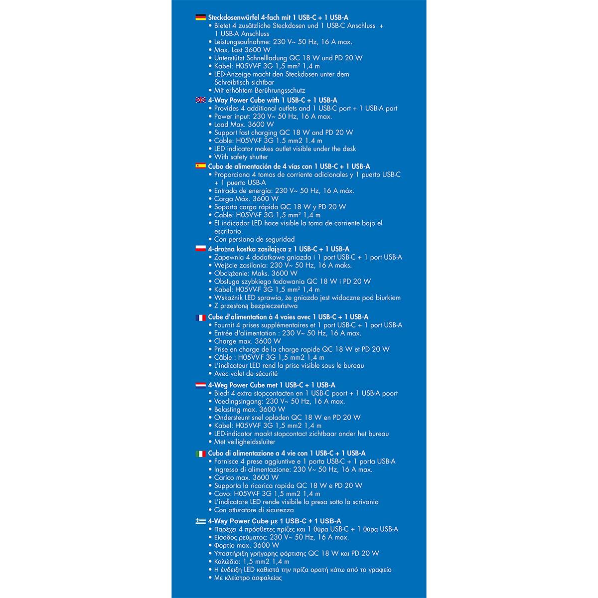 Verschiedene Modelle von Mehrfachsteckdosen sind mit Funktionen wie Steckdosen, Leistungsabgabe, Überspannungsschutz und USB-Anschlüssen aufgeführt.