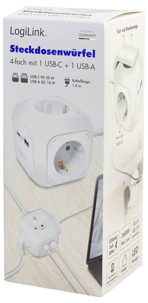 Ein weißer LogiLink Stromwürfel mit drei Steckdosen, einem USB-C- und einem USB-A-Anschluss. In Deutschland designed. Kabellänge 1,4m, geeignet für Technik und Arbeitsplätze.
