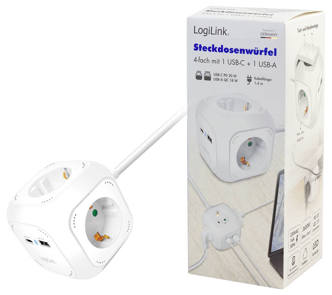 Steckdosenwürfel von LogiLink mit 3 Steckdosen und USB-Anschlüssen, der neben seiner Verpackungsbox mit Produktmerkmalen präsentiert wird.
