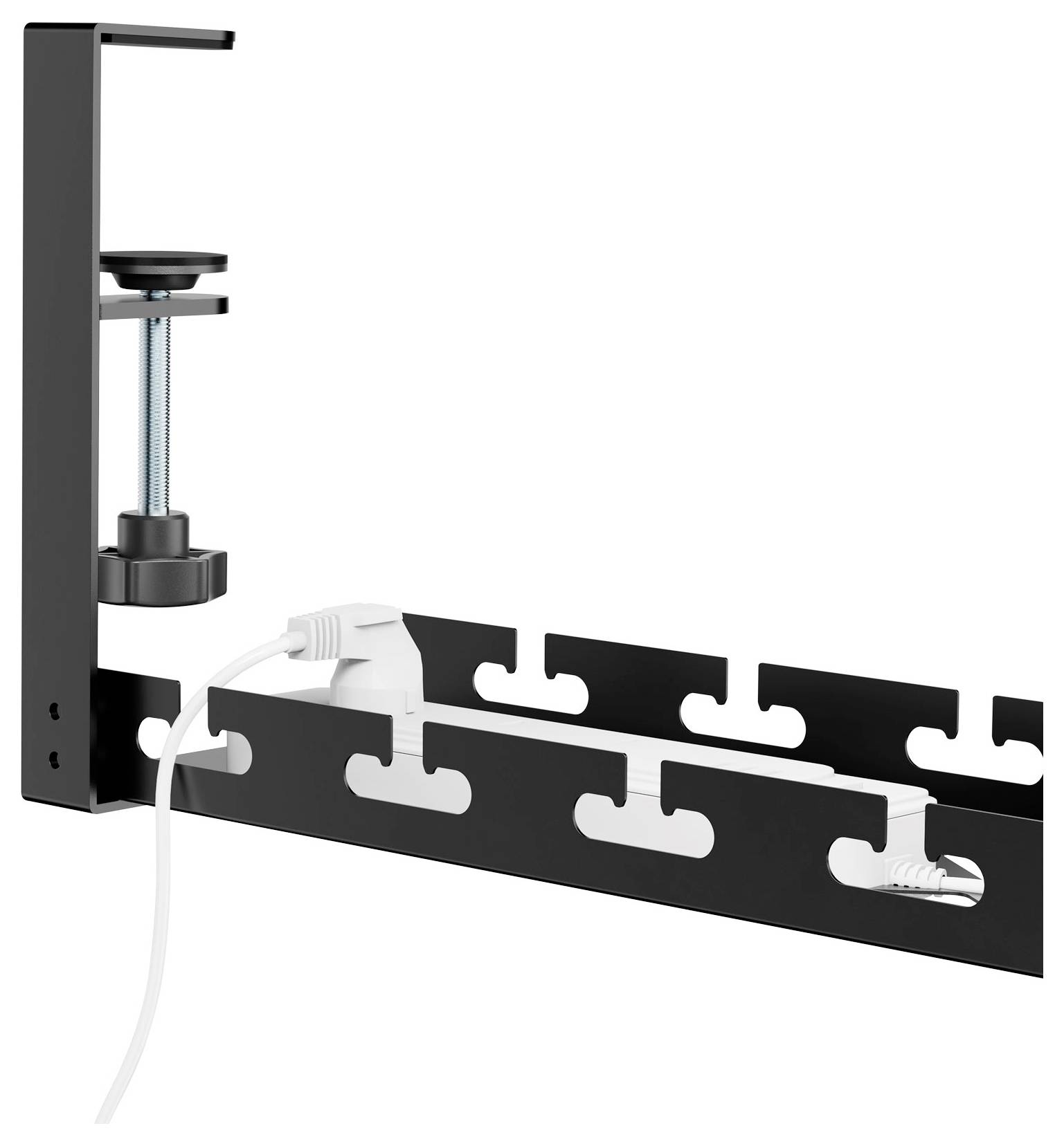 Ein schwarzes Kabelmanagement-Rack ist mit einer Klemme auf einer Oberfläche montiert und hält weiße Kabel sicher an ihrem Platz, um Verwicklungen zu verhindern.
