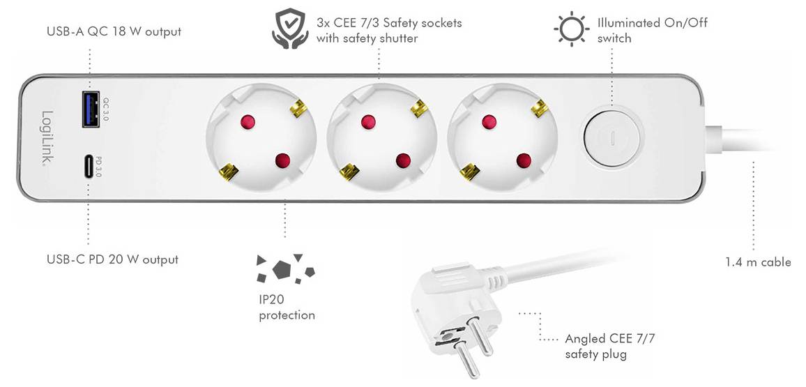 LogiLink LPS287U Steckdosenleiste mit Schalter Weiß Schutzkontakt 1St.