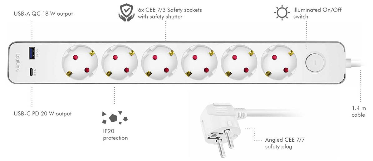 LogiLink LPS288U Steckdosenleiste mit Schalter Weiß Schutzkontakt 1St.