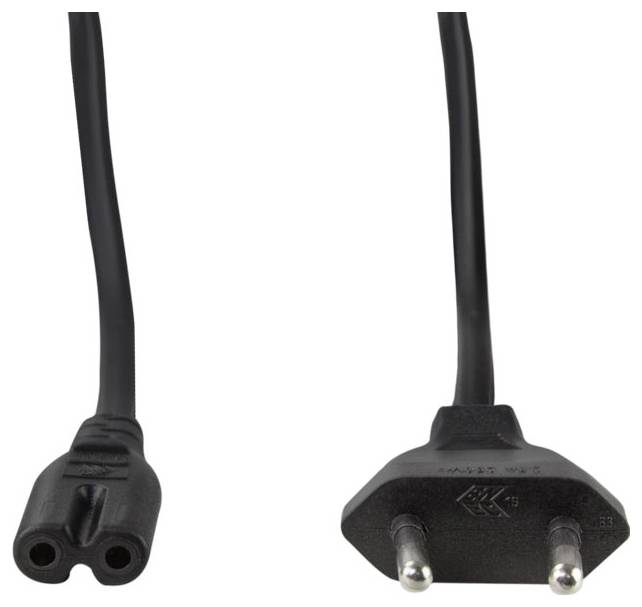 Ein schwarzer zweiaddriger europäischer Stecker mit einem Kabel, aus beiden Enden gezeigt: eine Ansicht der Steckereine und eine andere der Steckdosenseite.