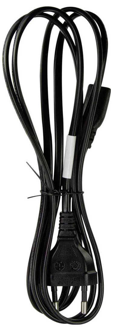 Ein schwarzes elektrisches Netzkabel mit einem Zweipolen-Stecker und einer Kabelbinder, aufgerollt und gebrauchsbereit, vor einem einfarbigen Hintergrund.