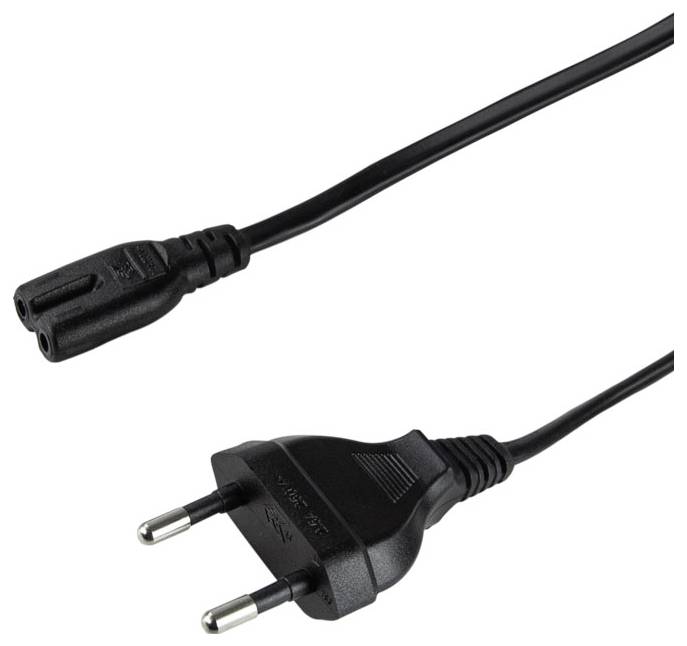 Ein schwarzes elektrisches Netzkabel mit einem zweipinnigen europäischen Stecker auf der einen Seite und einem zweipinnigen Anschluss auf der anderen Seite, das für elektronische Geräte verwendet wird.
