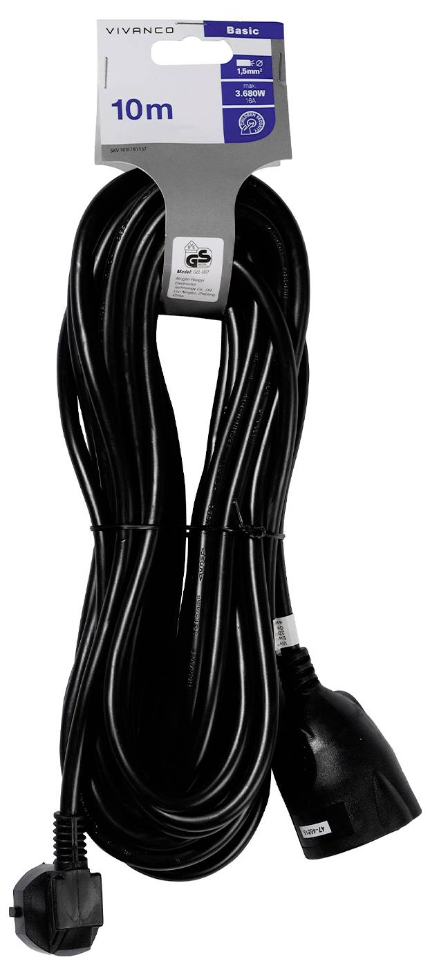 'Vivanco Basic' schwarzes Verlängerungskabel, 10 Meter lang, 3,5 Ampere, geeignet für Innenräume, verpackt mit aufgewickeltem Kabel und Produktetikett.