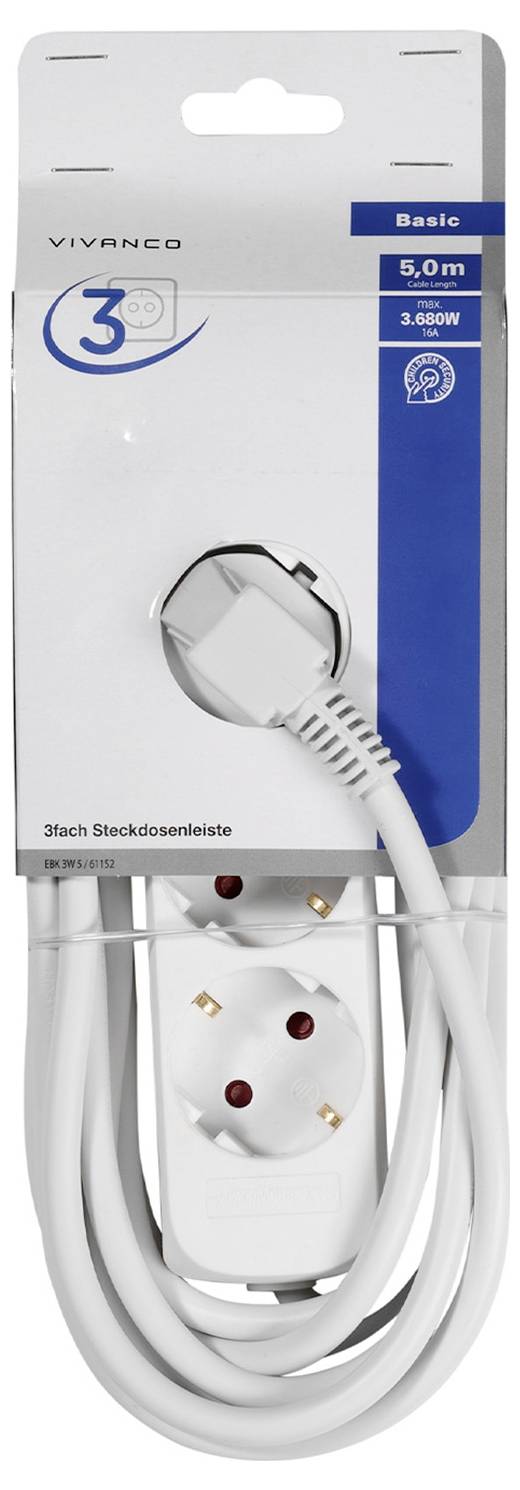 Ein Paket mit einer weißen Steckdosenleiste mit drei Anschlüssen, auf der vorne 'Vivanco Basic 5.0m 3.680W' beschriftet ist.