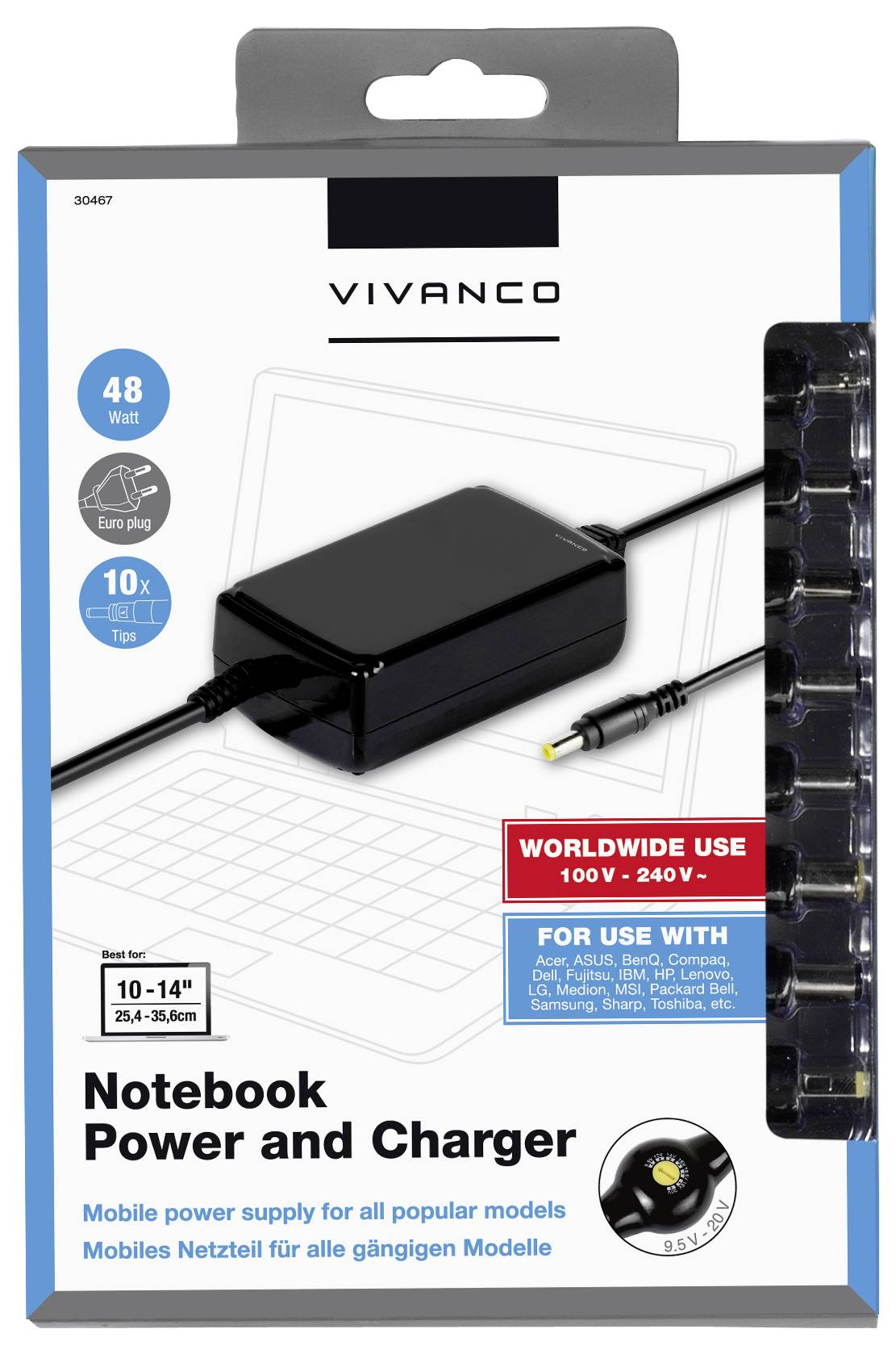 Notebook-Netzteil mit Ladegerät, kompatibel mit 10-14 Zoll Modellen, 48 Watt Ausgang, weltweiter Einsatz, Produkt von Vivanco.