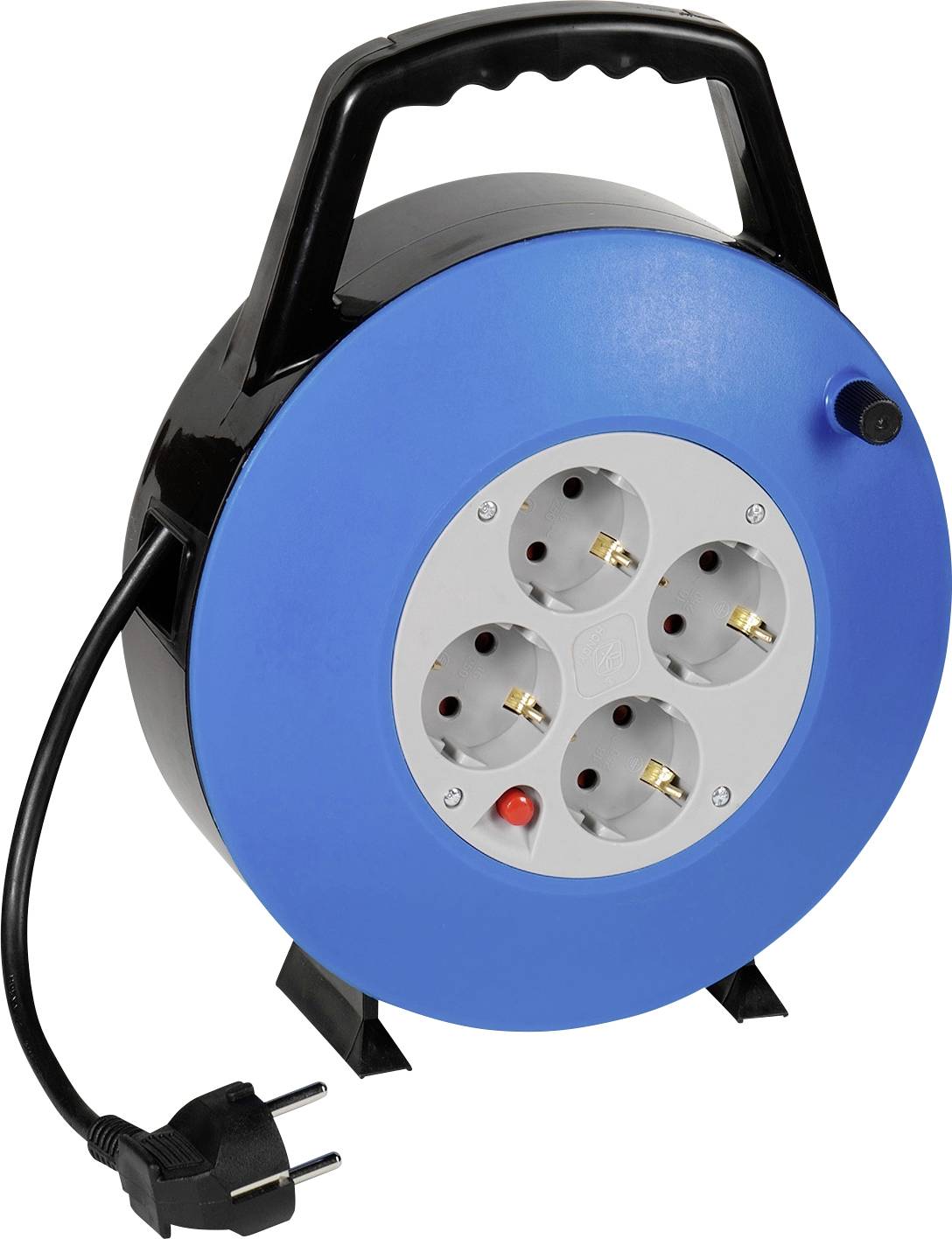 Eine blaue elektrische Verlängerungstrommel mit vier Steckdosenausgängen und einem Stecker. Verfügt über einen Griff und scheint für den Innenbereich geeignet zu sein.