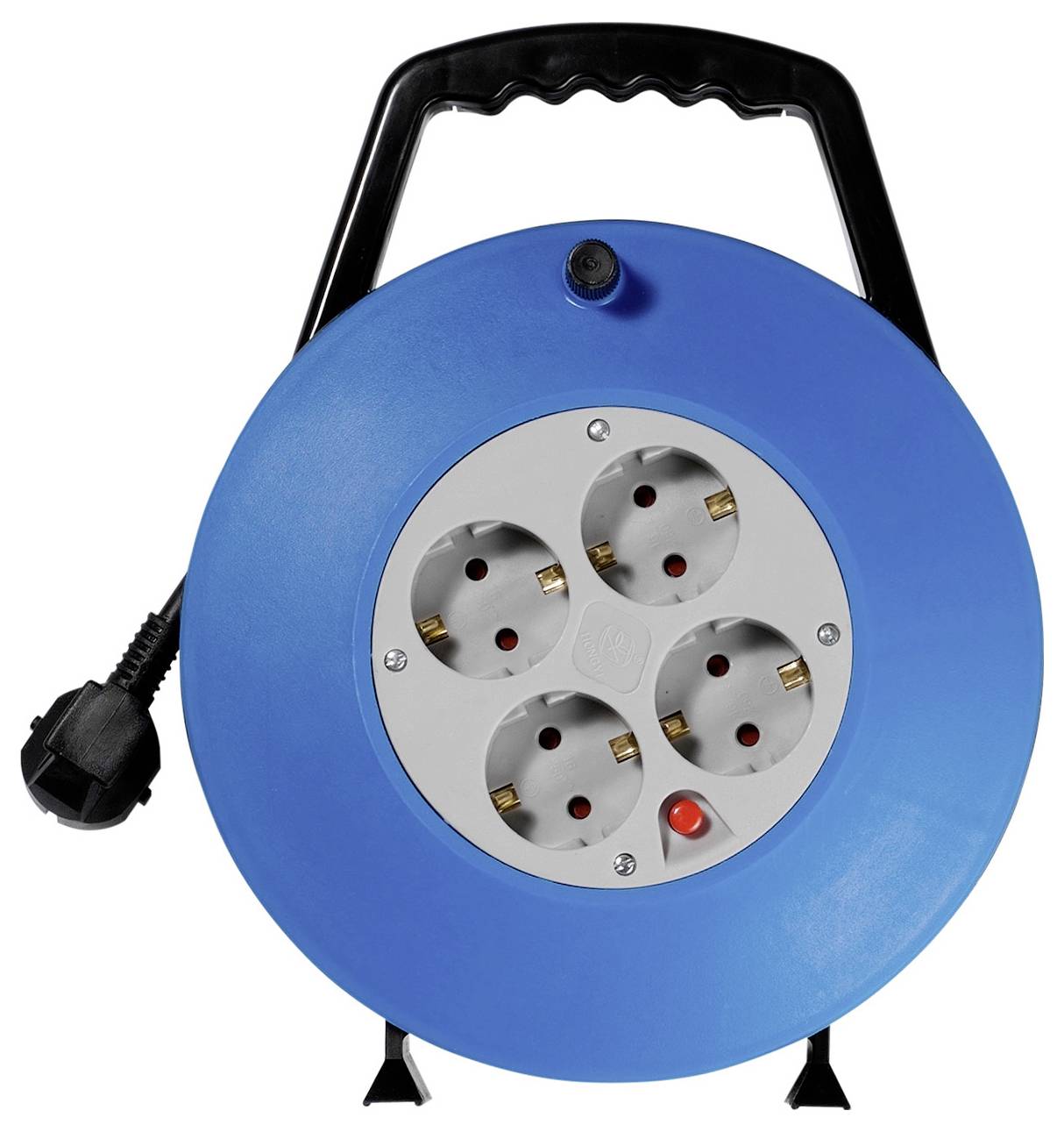 „Eine blaue Kabeltrommel mit vier Steckdosen und einem schwarzen Stecker, konzipiert für elektrische Verbindungen in verschiedenen Entfernungen.