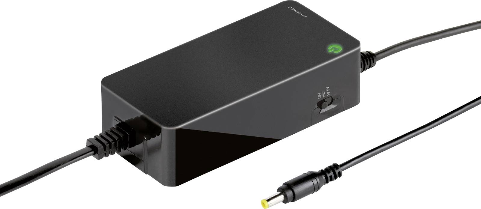 Ein schwarzes Laptop-Ladegerät mit einem Netzkabel und einem Anschluss-Stecker, mit einem leuchtend grünen Indikator-Licht und einem Netzschalter an seiner Seite.