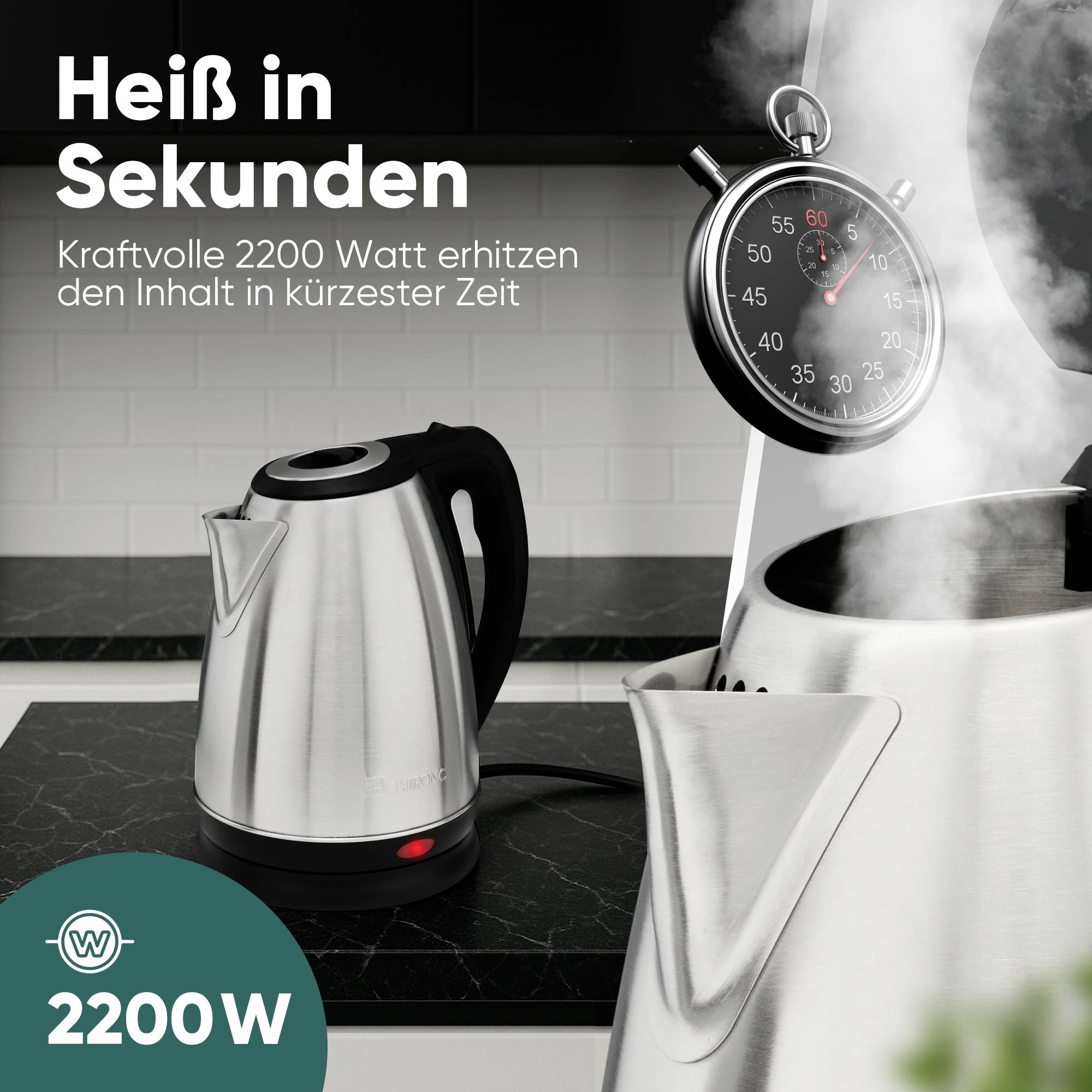 Heiß in Sekunden: Kraftvolle 2200 Watt erhitzen den Inhalt in kürzester Zeit. Zwei elektrische Wasserkocher, einer dampft, eine Stoppuhr zeigt die vergangene Zeit.