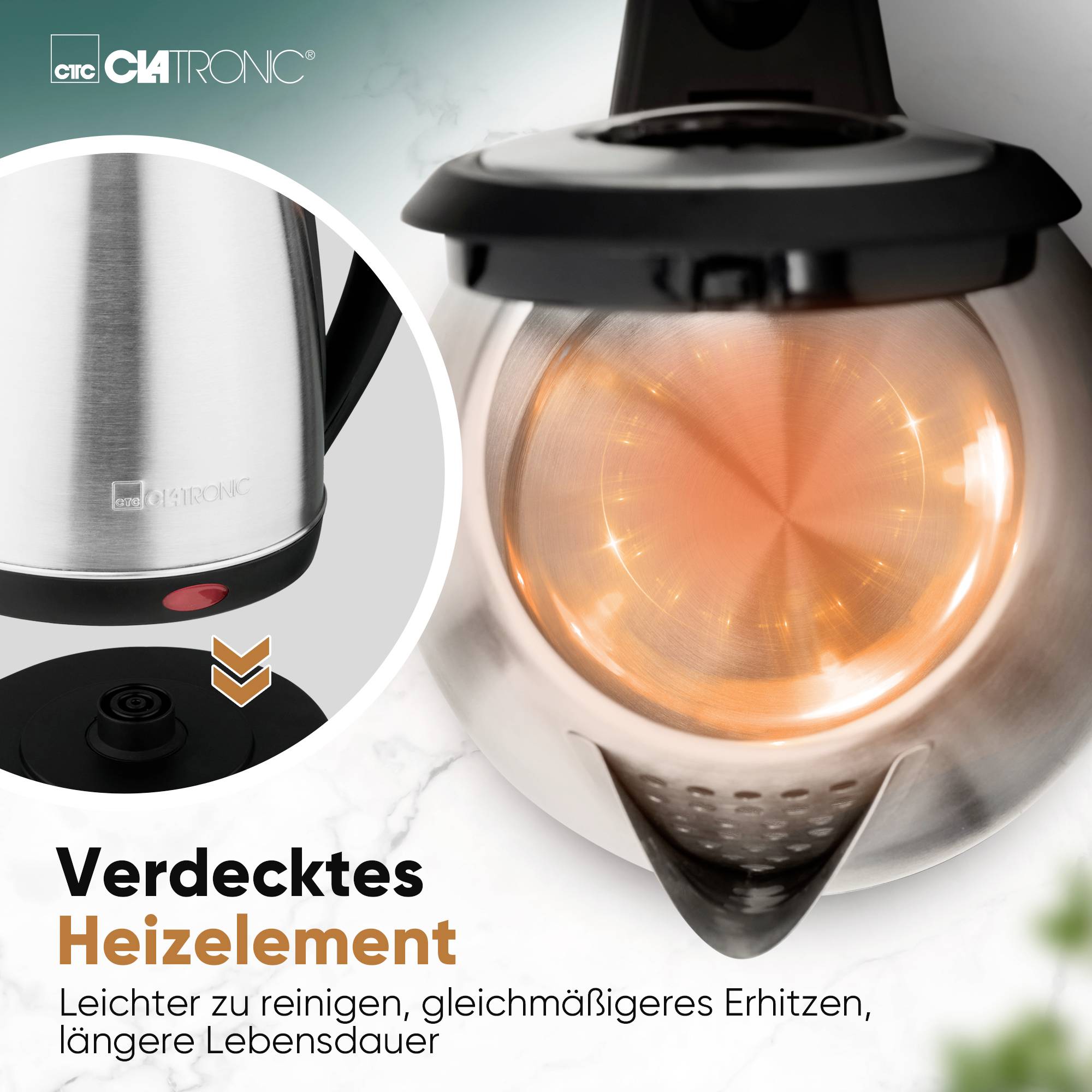 Ein Wasserkocher aus Edelstahl mit glühendem Heizelement im Inneren. Text auf Deutsch beschreibt die Vorteile der einfachen Reinigung und effizienten Erhitzung.