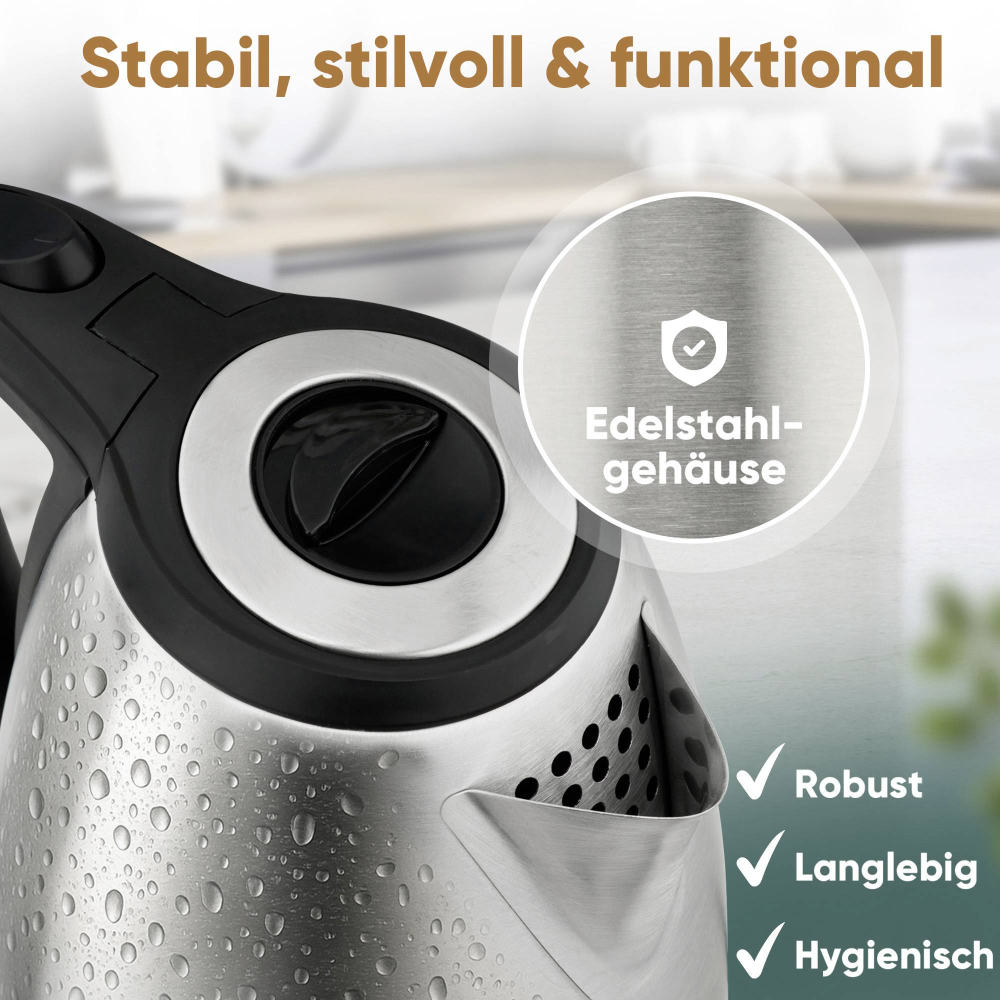 Ein moderner Wasserkocher aus Edelstahl mit elektrischer Heizfunktion und elegantem Design, neben einem Text, der seine Haltbarkeit, Langlebigkeit und Hygieneeigenschaften hervorhebt.