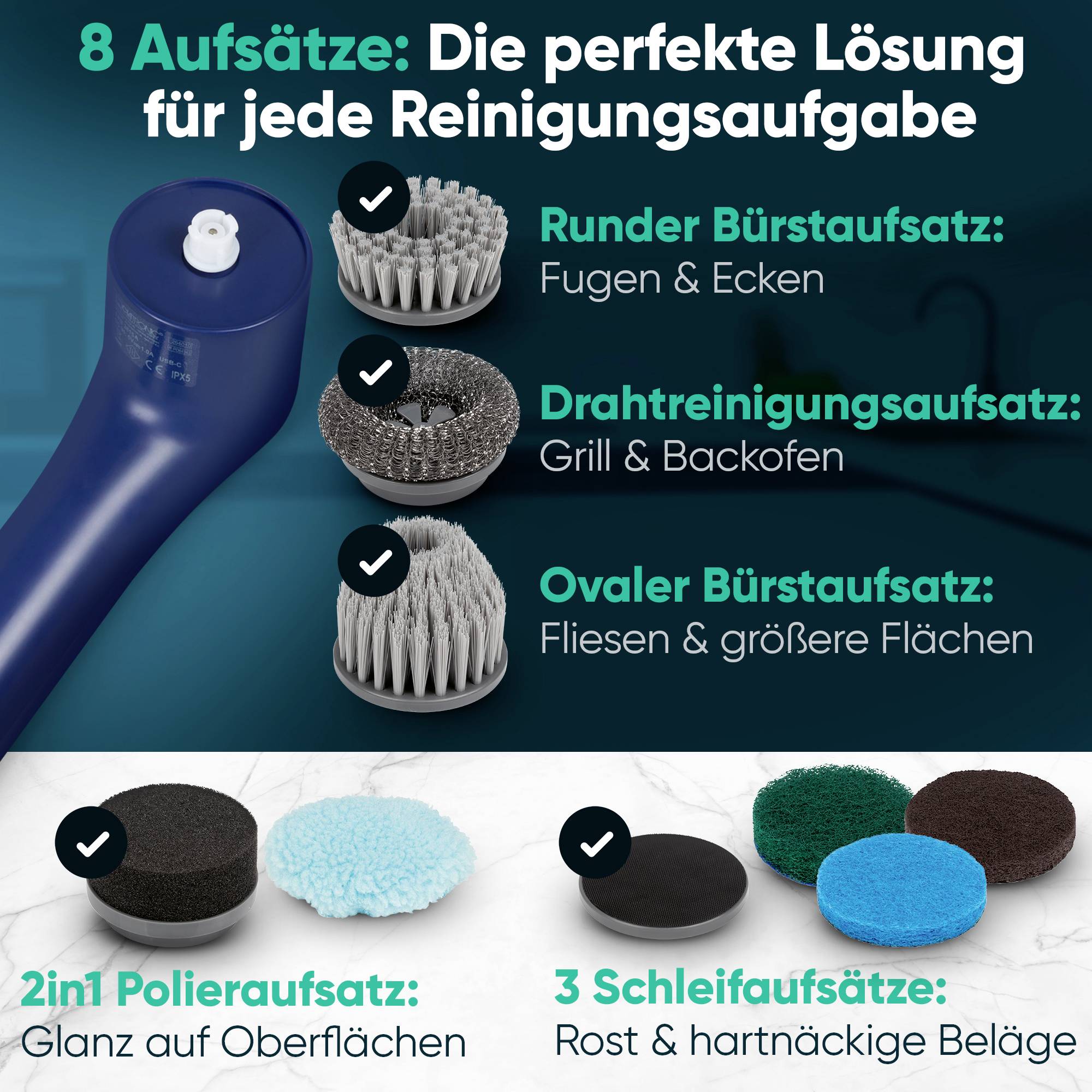 Bild einer Reinigungsbürste mit acht austauschbaren Aufsätzen für verschiedene Aufgaben, z.B. Fugenreinigung und Oberflächenschleifen.