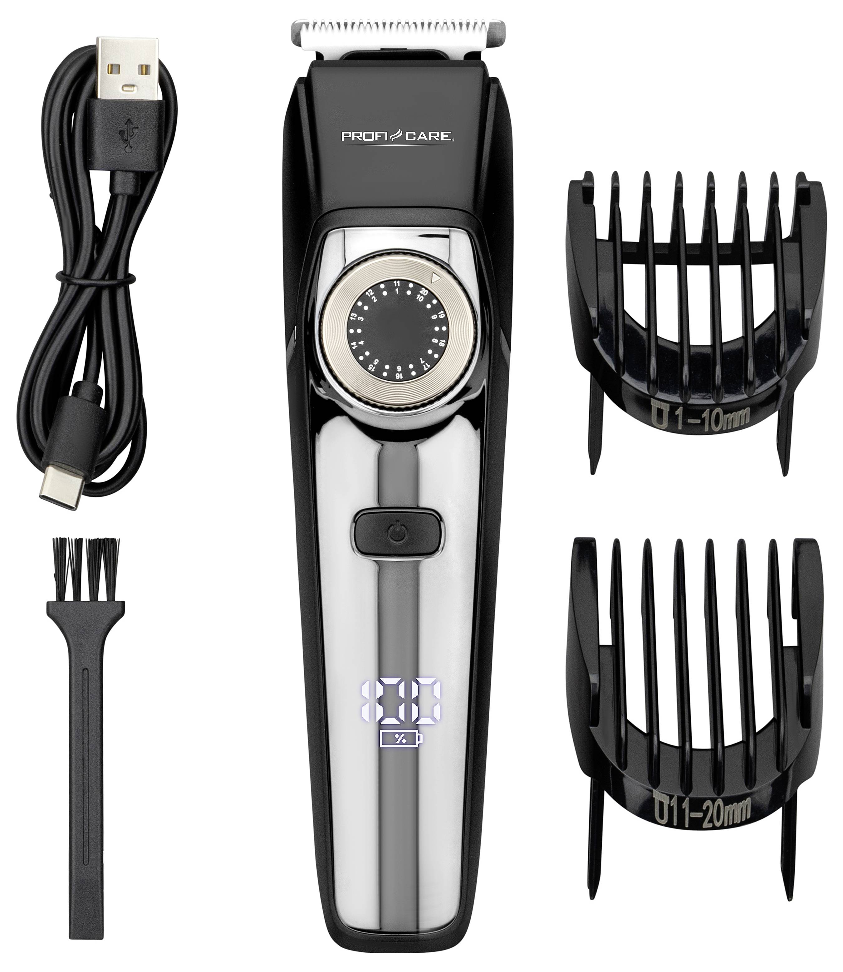 Elektrischer Haarschneider-Set enthält USB-Kabel, Reinigungsbürste, einstellbaren Längeneinstellrädchen und zwei Schneidaufsätzen (1-10 mm, 11-20 mm).