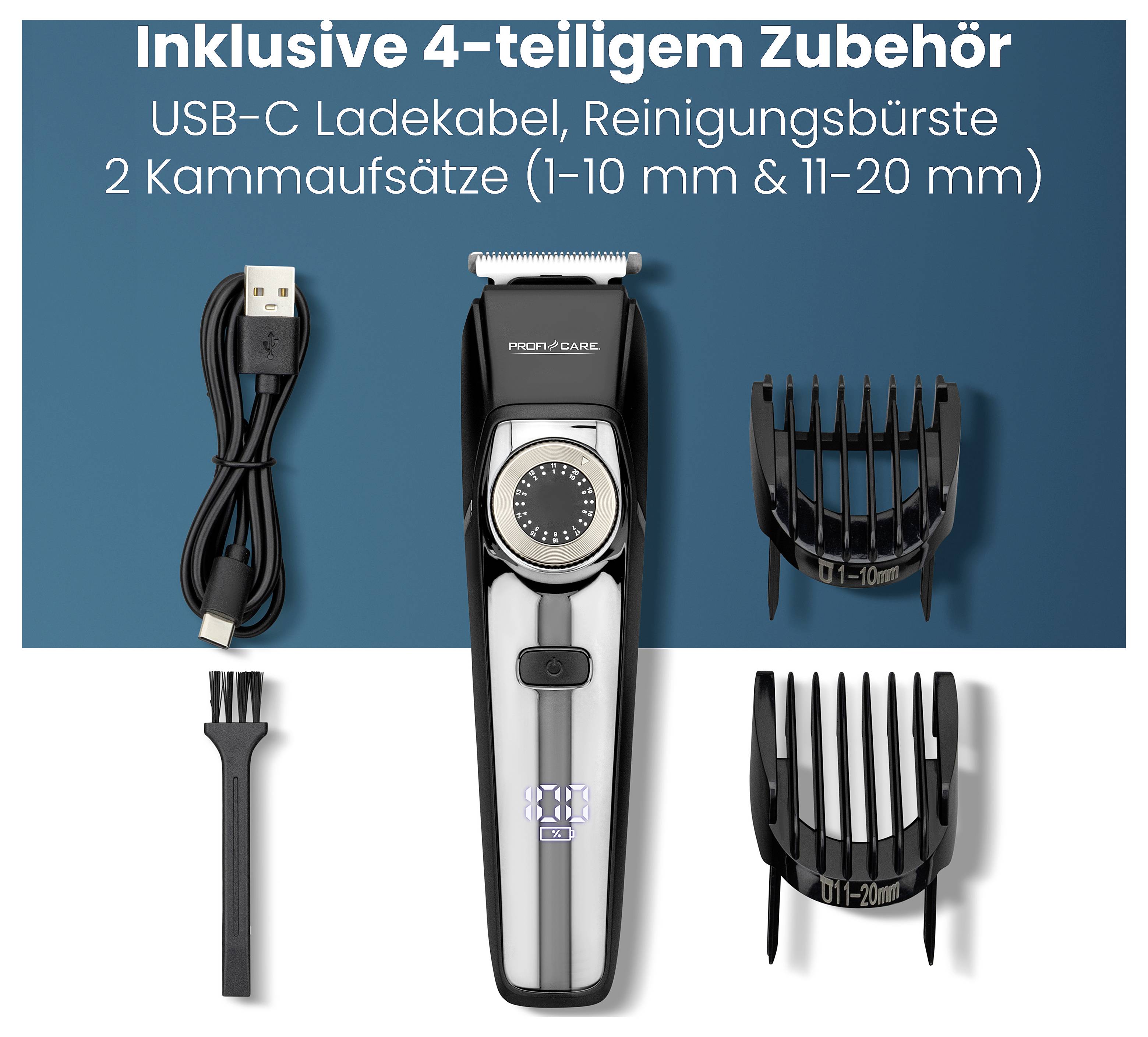 Elektrischer Trimmer mit digitaler Anzeige, geliefert mit USB-C-Ladekabel, Reinigungsbürste und zwei Kammaufsätzen (1-10 mm, 11-20 mm).