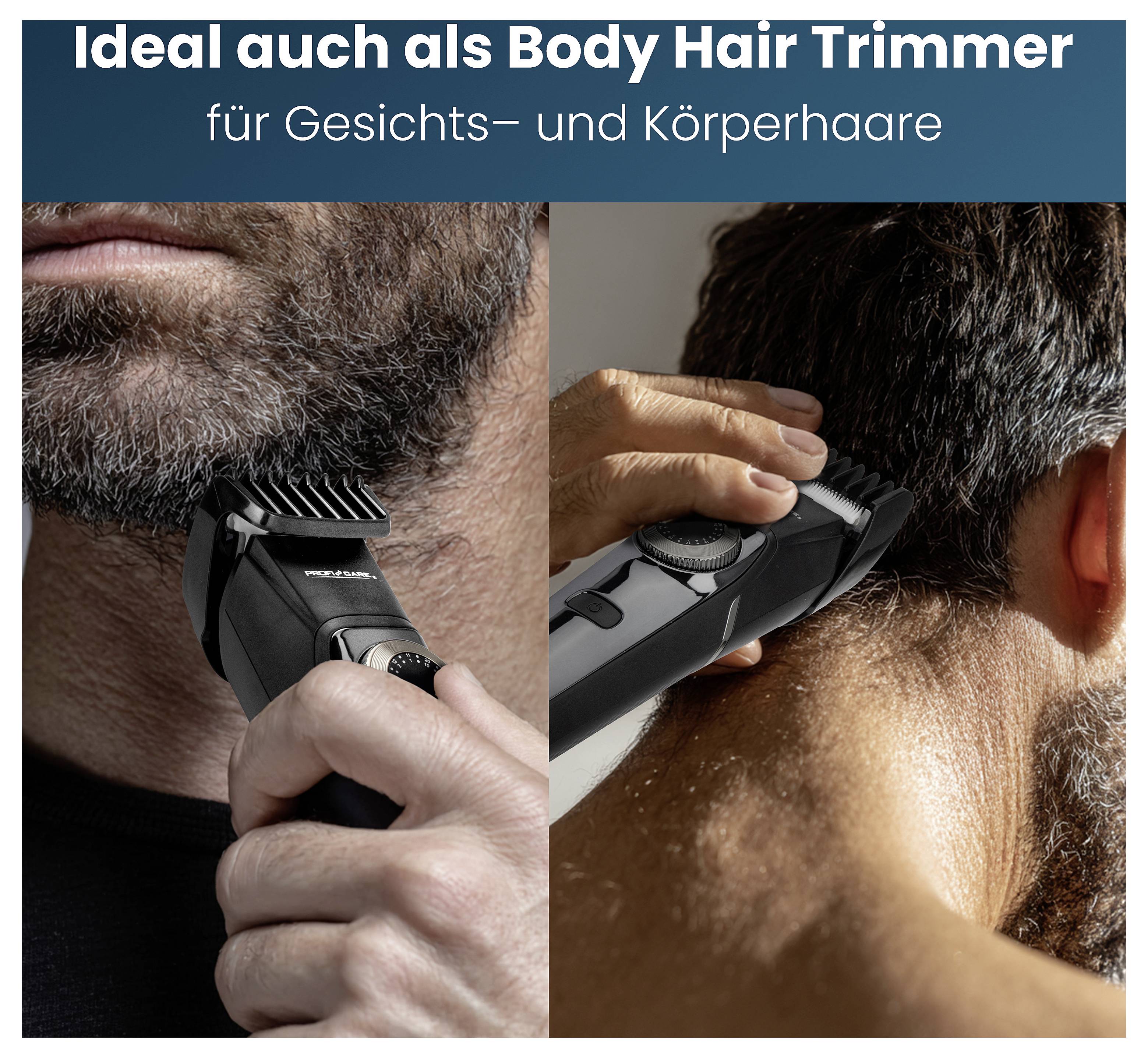 Eine Person, die einen Trimmer an Bart- und Nackenhaaren verwendet, wobei die Nutzung als Körperhaartrimmer für die Rasur und Pflege von Gesichts- und Körperhaaren hervorgehoben wird.