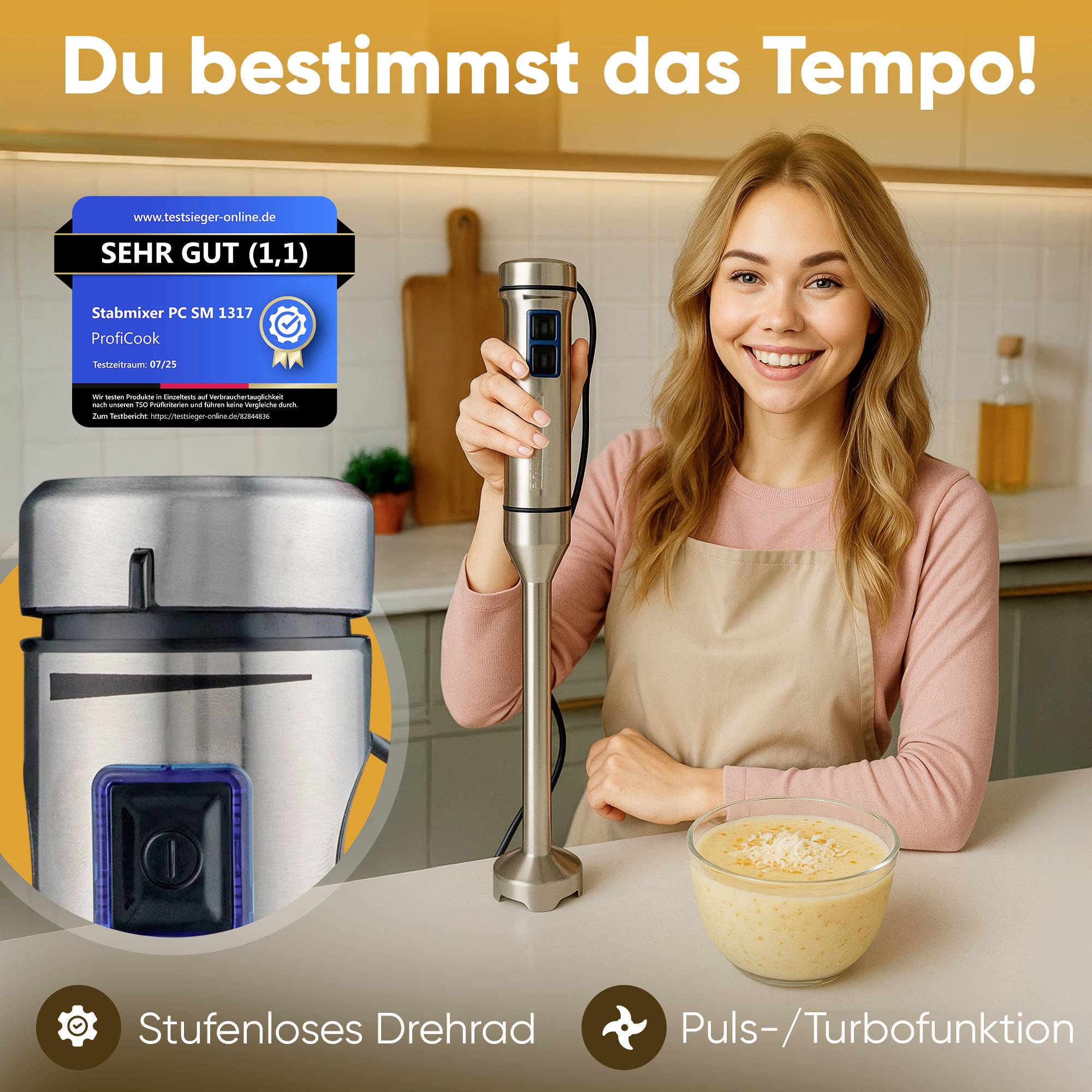 Profi Cook PC-SM 1317 Stabmixer 1000 W stufenlose Geschwindigkeitseinstellung, Turbofunktion Edelstahl
