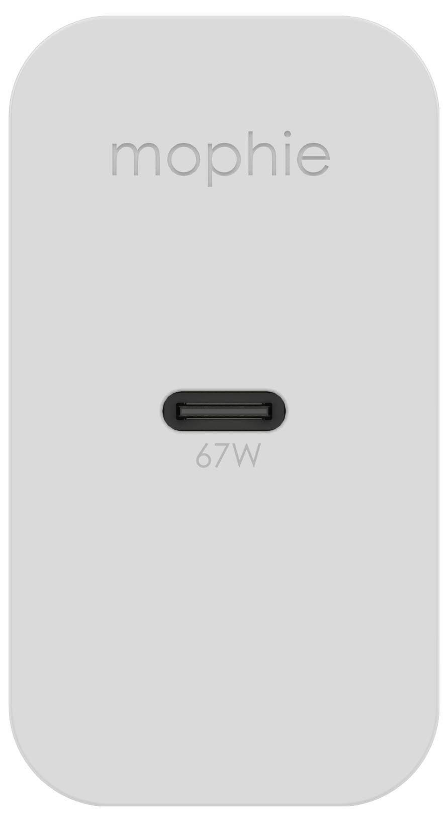 "Mophie" Ladegerät in Weiß mit einem USB-C-Anschluss, beschriftet mit "67W".