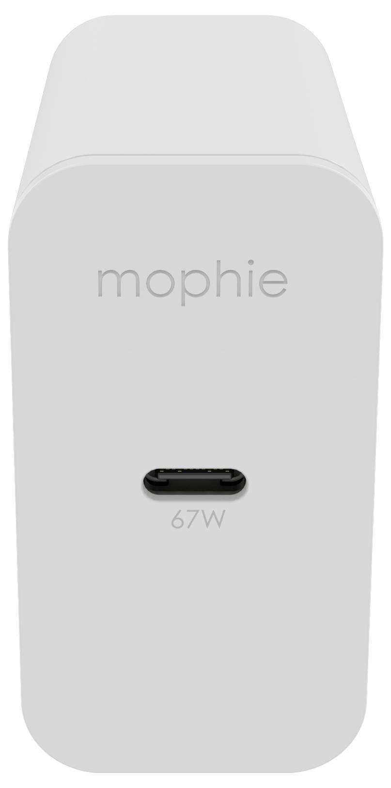Ein weißer Mophie Ladegerät-Block mit einem USB-C-Anschluss, beschriftet mit '67W'.