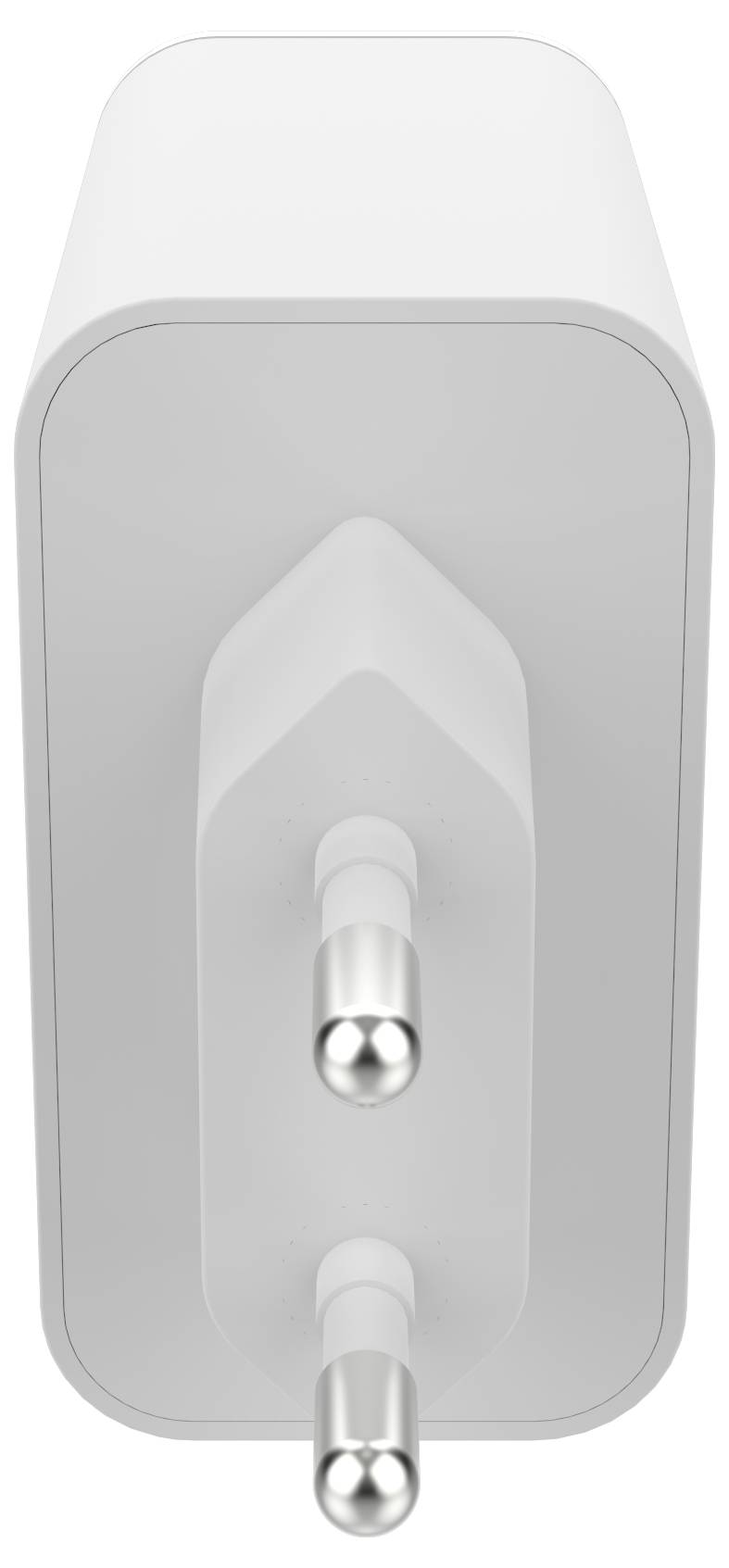 Ein weißer, rechteckiger zweipinniger europäischer Steckeradapter, von der Seite betrachtet.