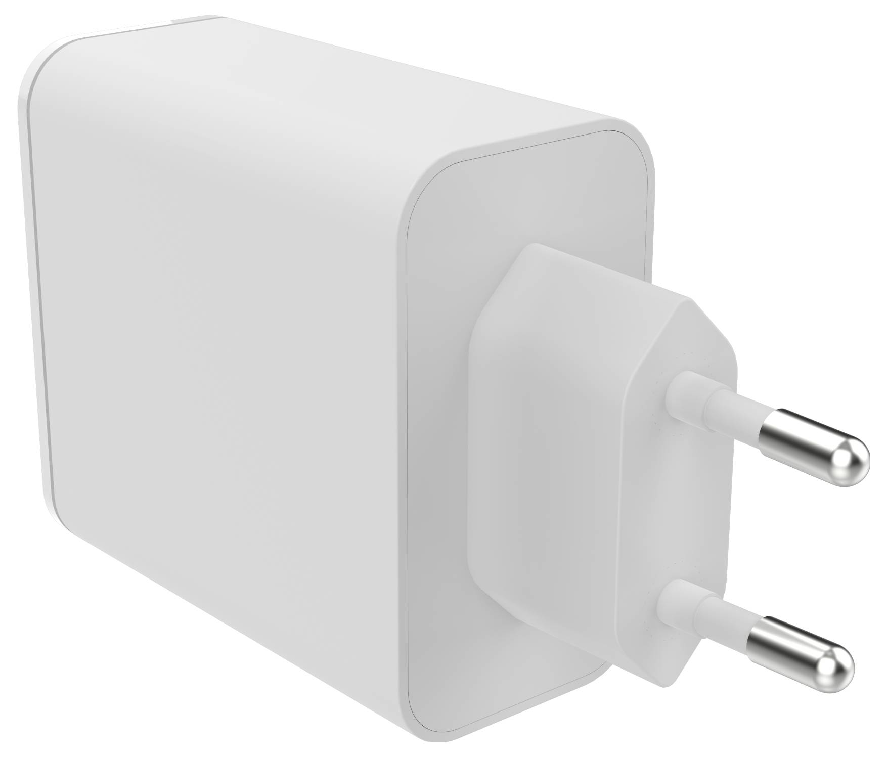 Ein weißer rechteckiger elektrischer Wandladegerät mit zwei runden Metallstiften, der zum Aufladen elektronischer Geräte verwendet wird.