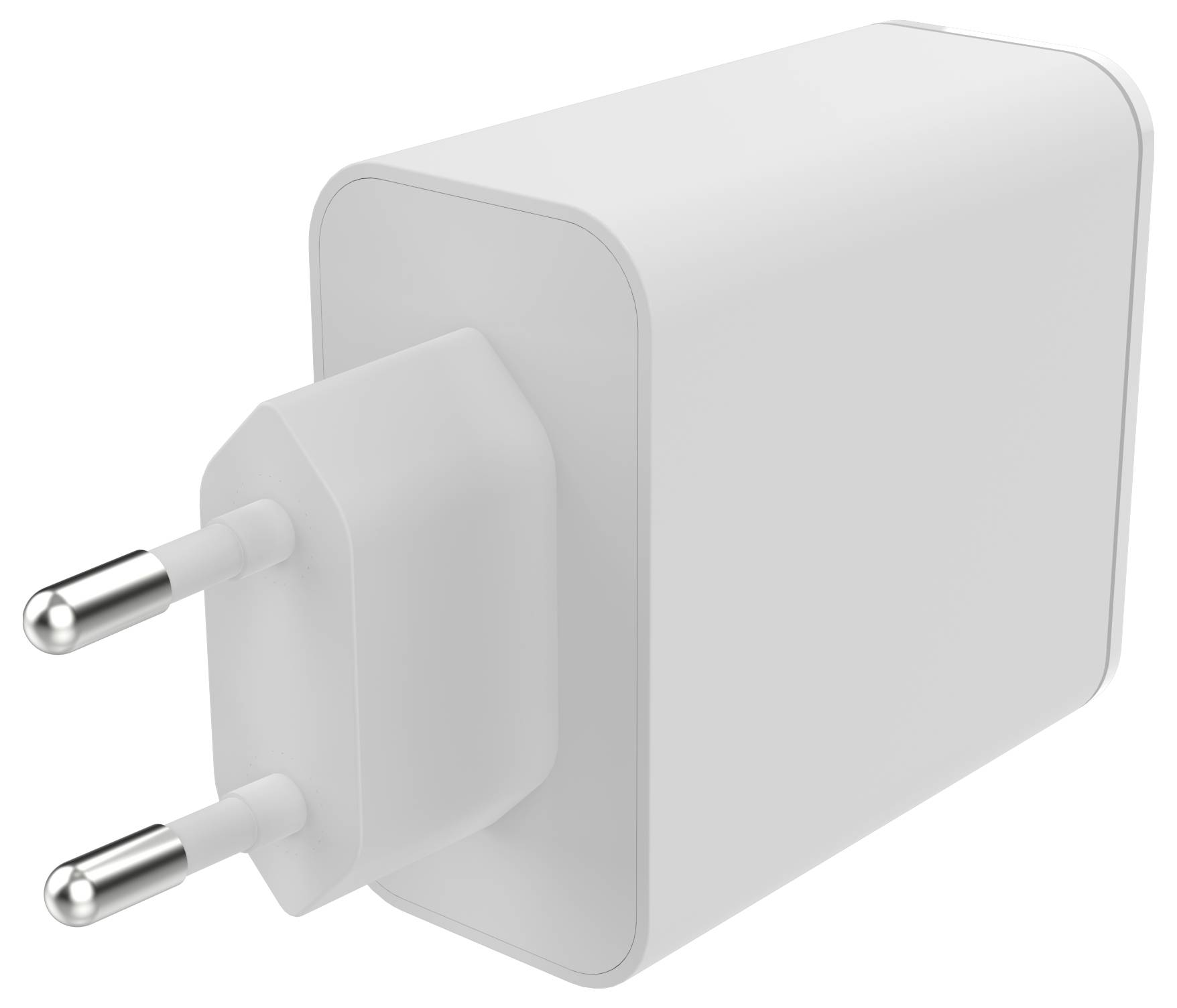 Ein weißer, rechteckiger Netzteil mit zwei metallischen Stiften zum Aufladen elektronischer Geräte.
