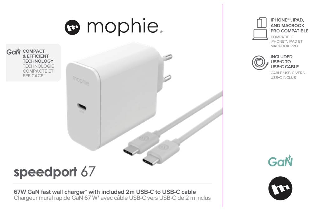 Mophie Speedport 67W GaN Schnelllade-Wandladegerät, gezeigt mit zwei USB-C-Kabeln, kompatibel mit iPhone, iPad und MacBook.