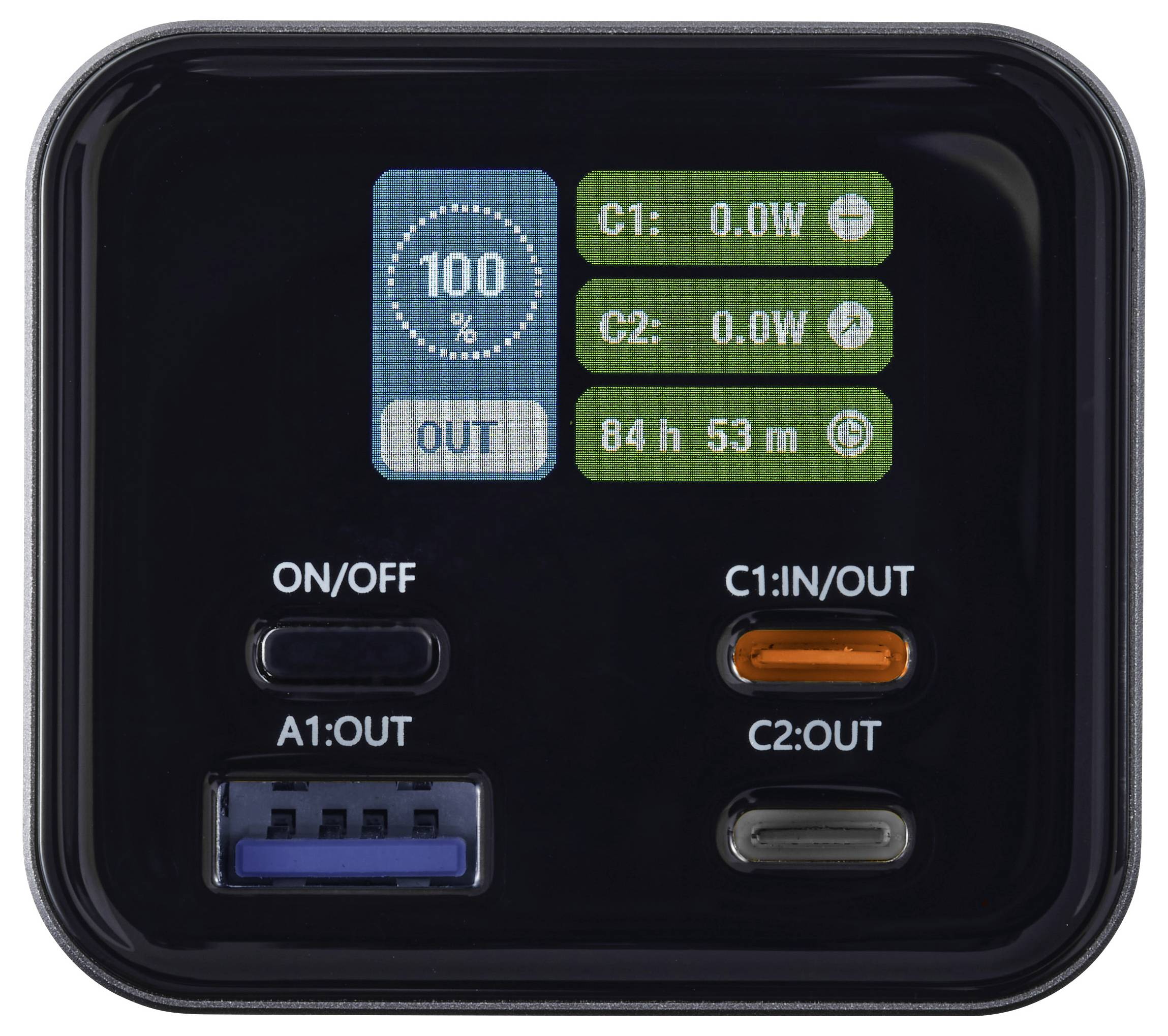 Ein schwarzer elektronischer Bildschirm, der den Akkustatus mit '100%' anzeigt. Zeigt zwei Anschlüsse: 'C1' und 'C2', beide mit '0,0W'. Ein 'EIN/AUS'-Schalter befindet sich darunter.