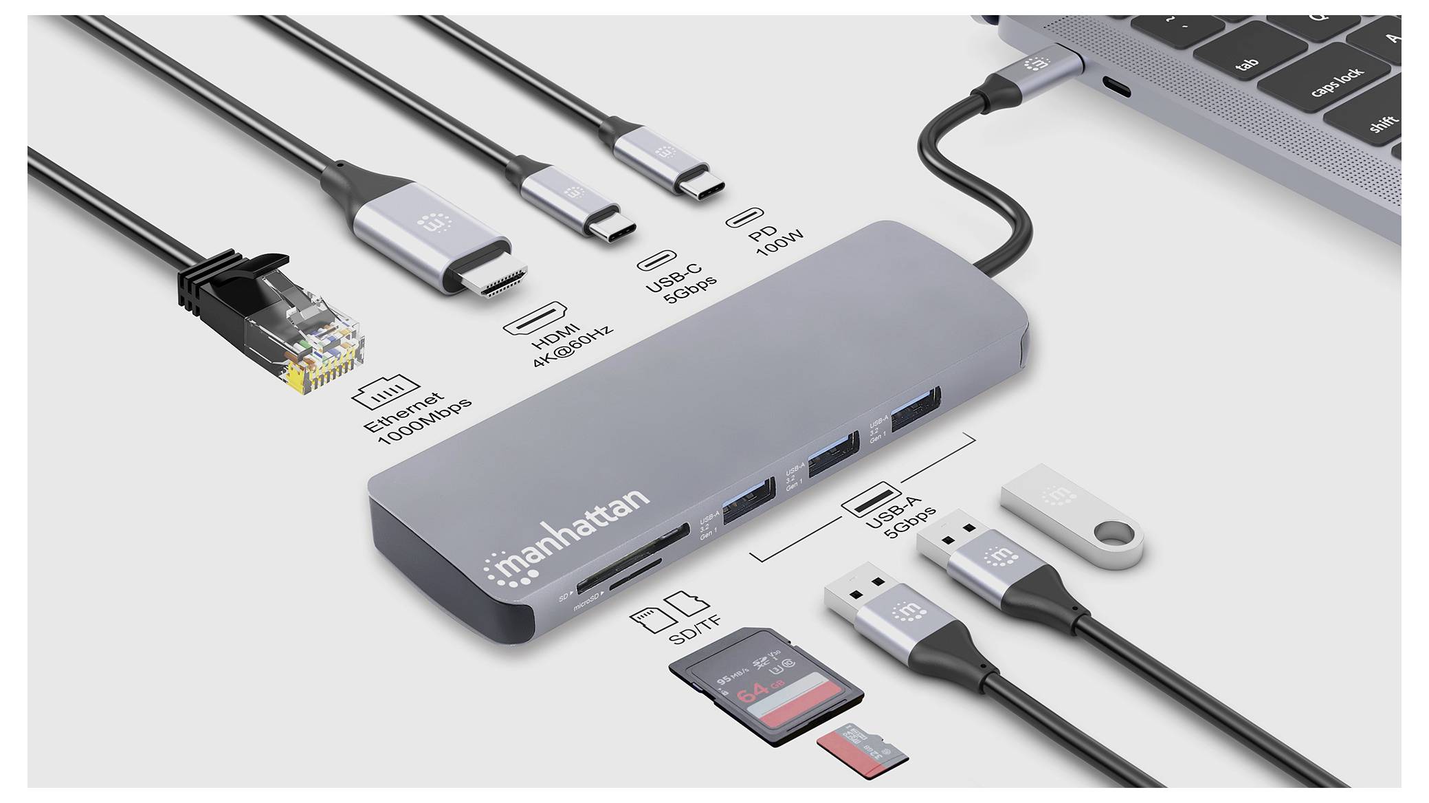 Manhattan Notebook Dockingstation integrierter Kartenleser, USB-C® Power Delivery