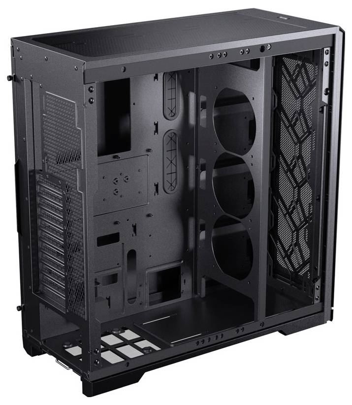 Ein schwarzes, leeres Computergehäuse mit Seitenbelüftungspanel und mehreren Lüfterschlitzen, geeignet für den Aufbau eines Desktop-PCs mit anpassbarer Luftzirkulation.