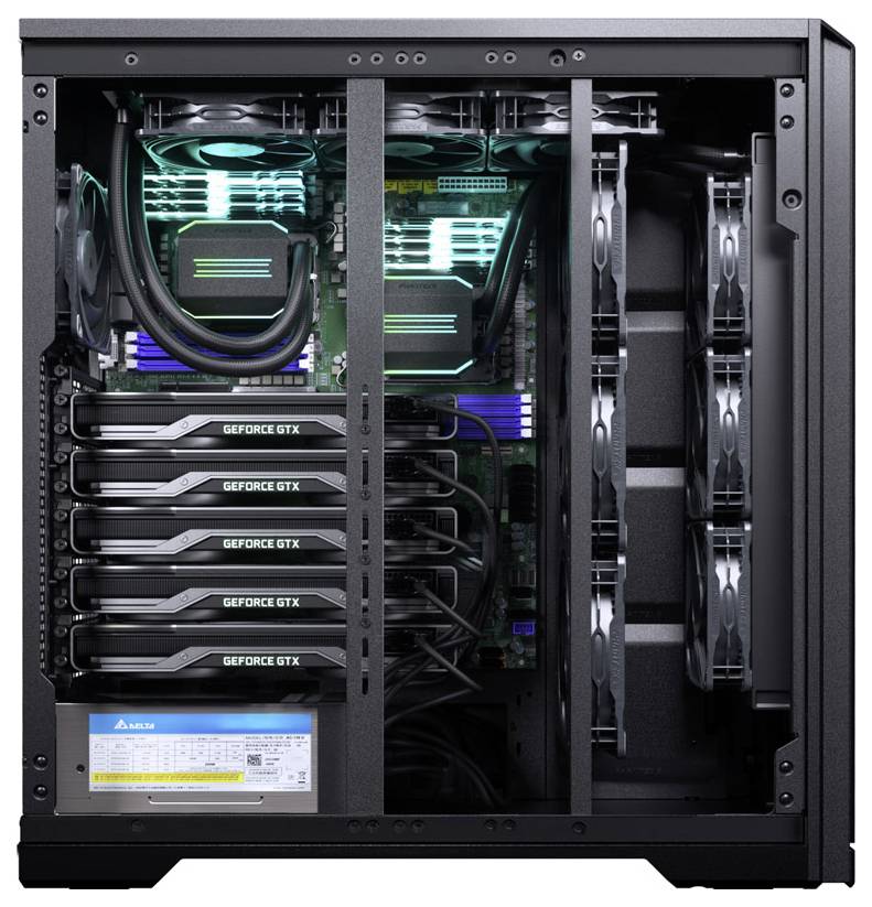 Hochleistungs-Computertower mit mehreren GeForce-GTX-Grafikkarten und fortschrittlichem Kühlsystem.