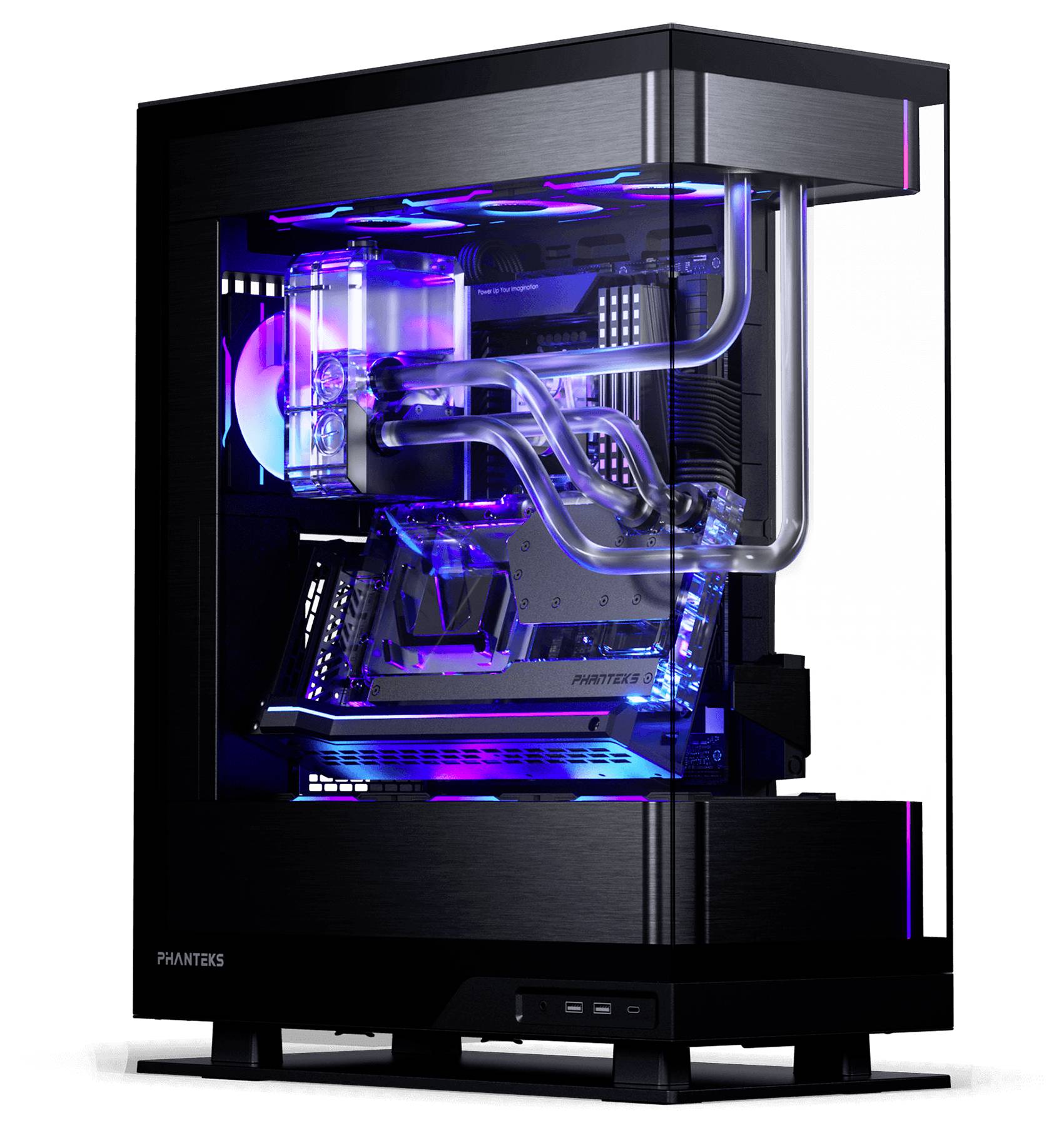 Ein schlankes, leistungsstarkes Gaming-PC mit leuchtender RGB-Beleuchtung und sichtbaren Flüssigkühlungsschläuchen in einem transparenten Gehäuse.