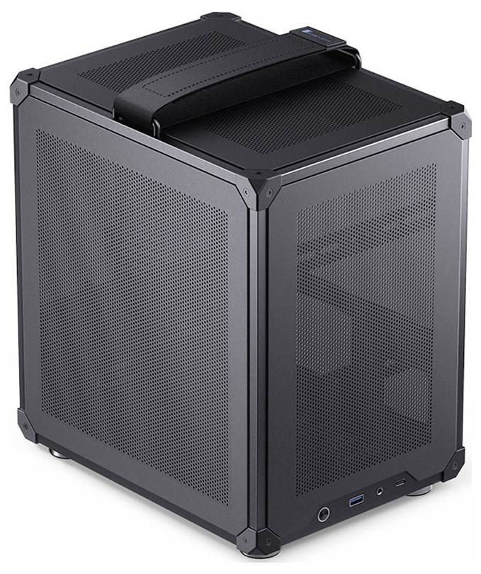Ein schwarzes Mini-ITX Computergehäuse mit Mesh-Design, Griff oben und vorderen USB-Anschlüssen.