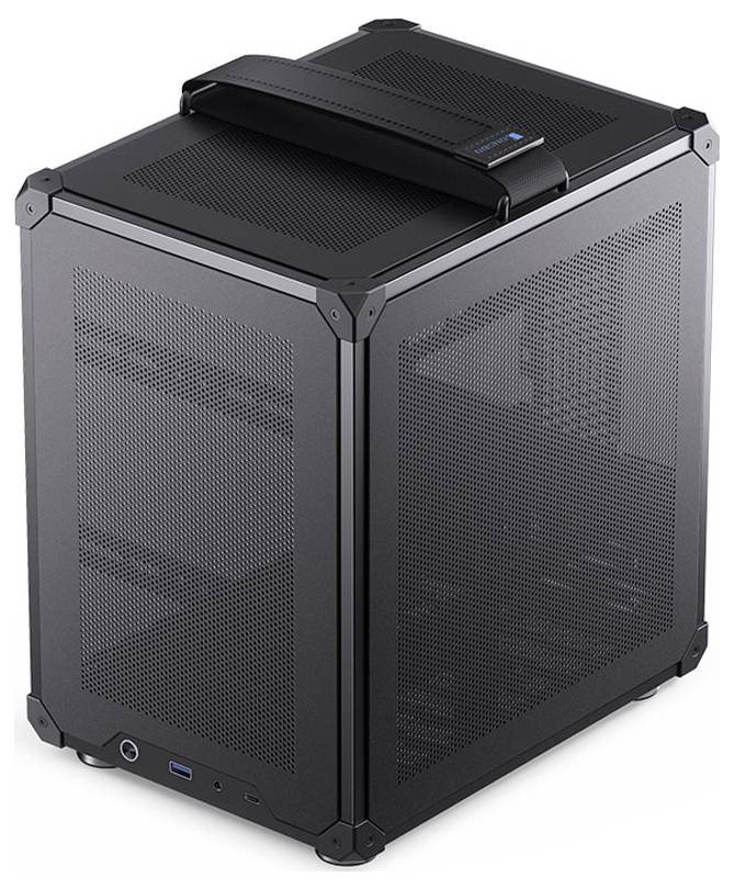 Ein schwarzer, rechteckiger Computertower mit Meshseiten und einem Griff oben, was auf Tragbarkeit und Belüftung hindeutet.