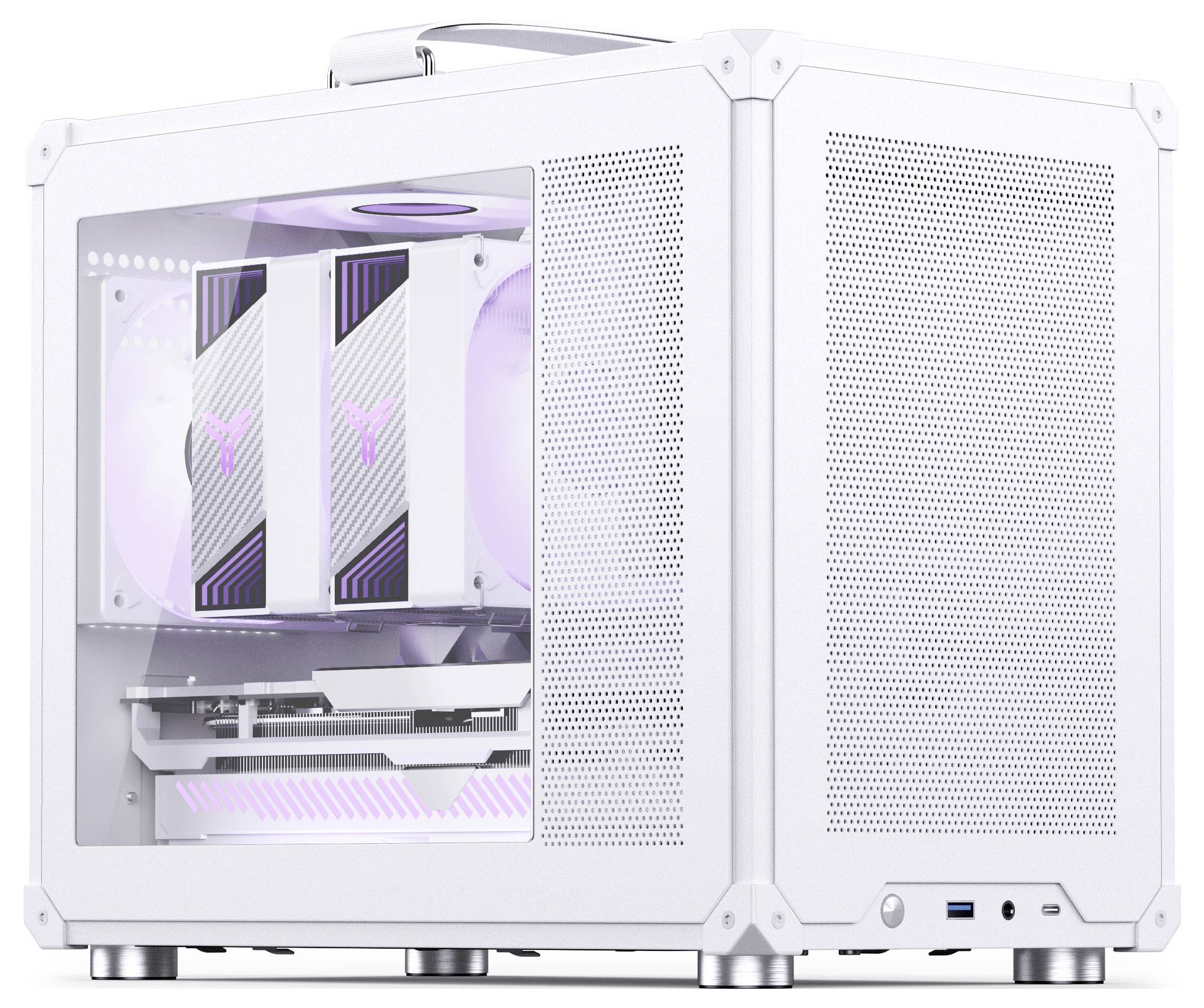 Weißer Computer-Tower mit Tempered-Glas-Panel, der interne Komponenten einschließlich Doppellüftern und einer Grafikkarte mit weichem lila Licht offenlegt.