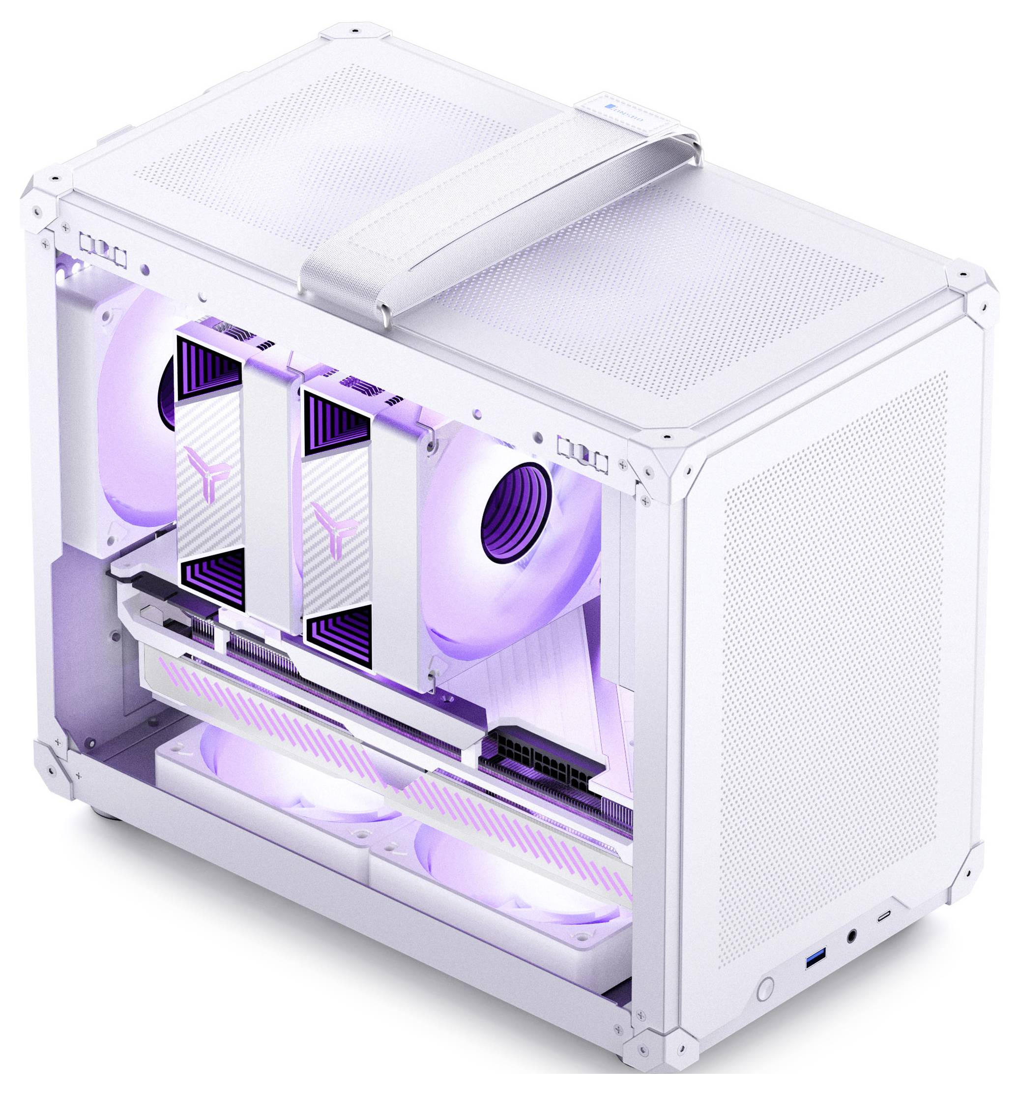 Weißes kompaktes Desktop-Computergehäuse mit Mesh-Panels, zwei Kühlventilatoren und LED-Beleuchtung, aus einem Winkel betrachtet, mit einem Griff auf der Oberseite.