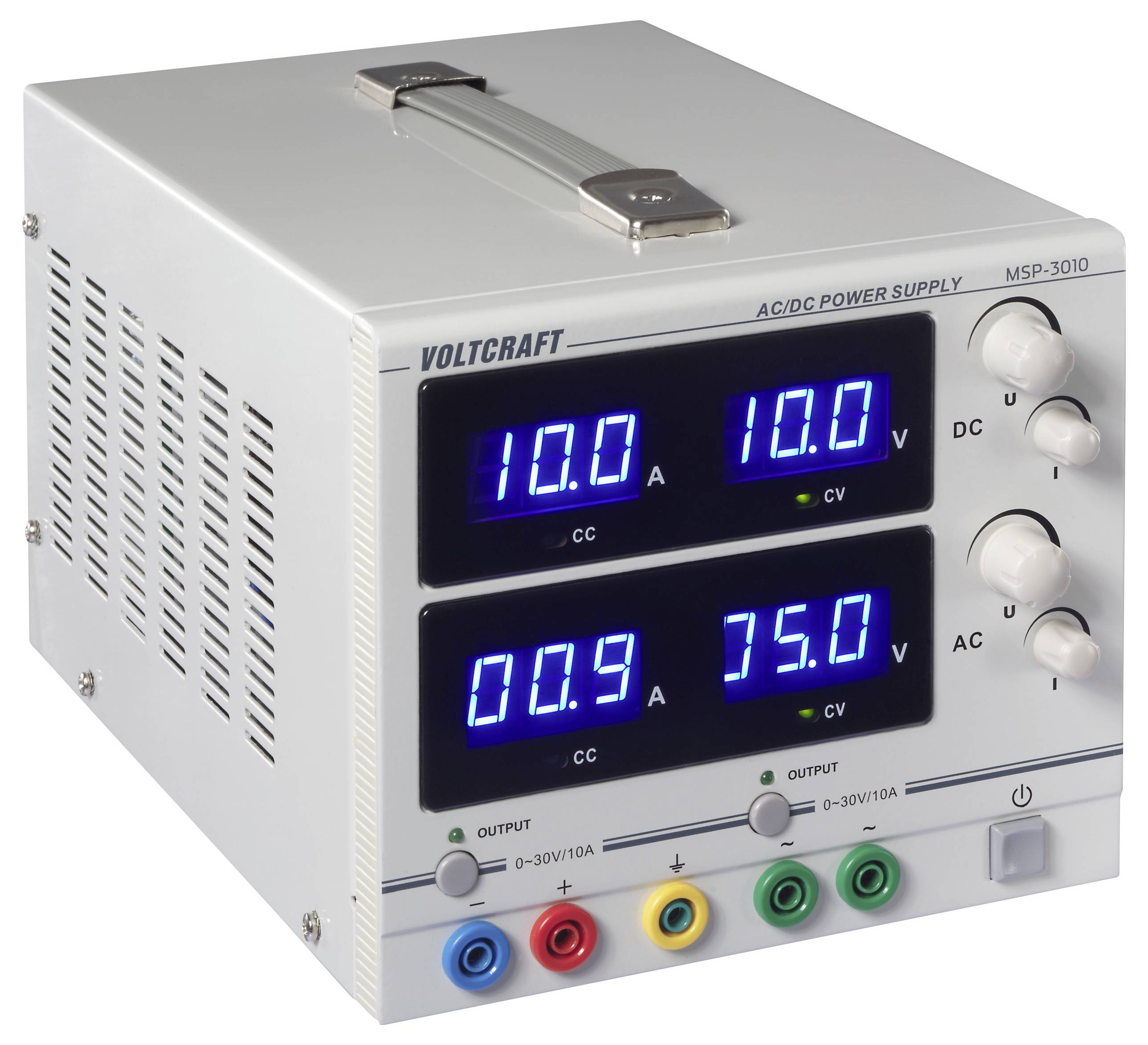 Ein digitales Voltmeter, das Werte für Spannung, Stromstärke und Leistung anzeigt. Es zeigt '10,0 A' und '100 V' auf zwei Bildschirmen mit verschiedenen Bedienknöpfen.