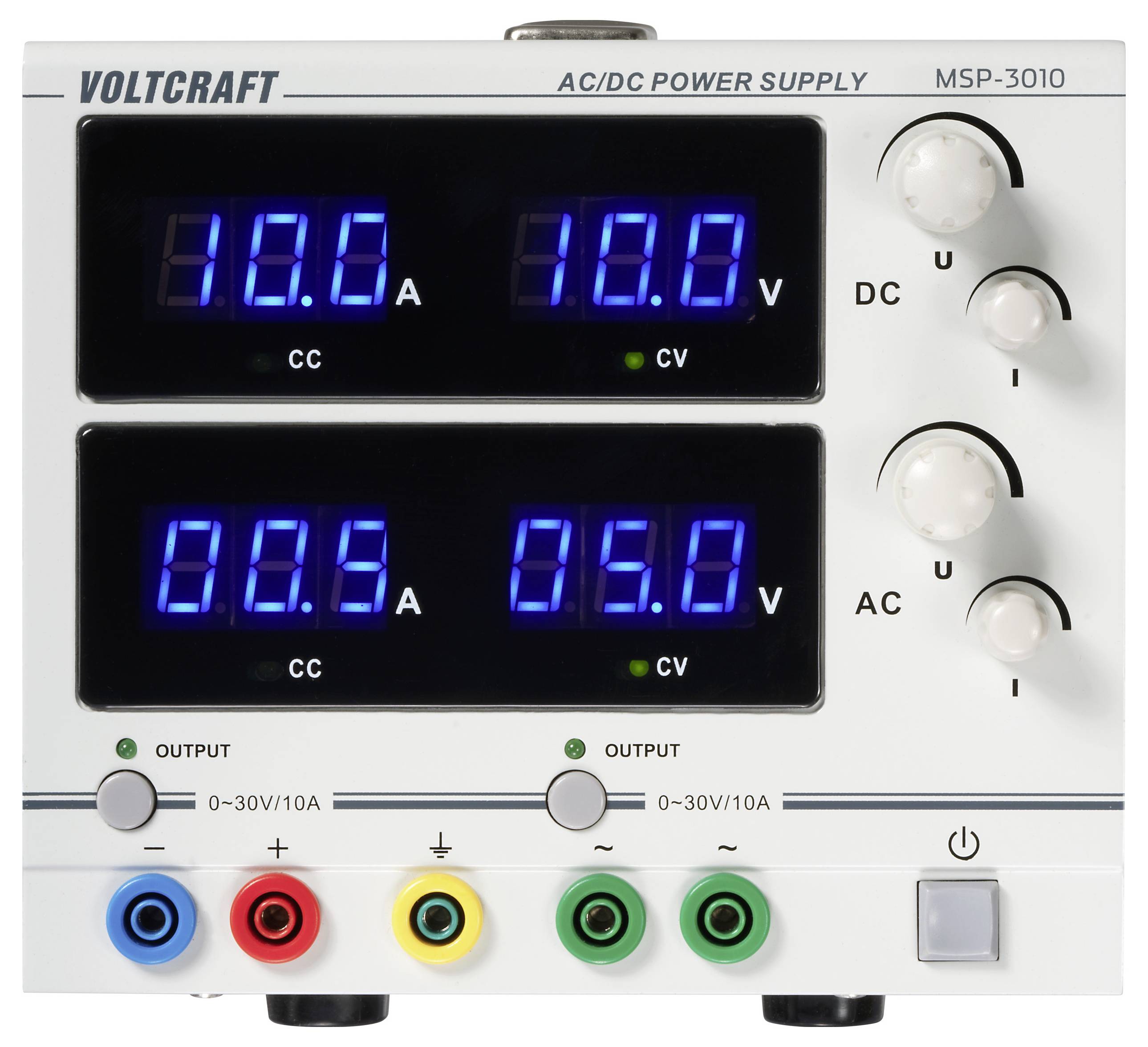 Eine duale digitale Stromversorgung mit zwei Anzeigen, die 10,0 V, 0,0 A für den Gleichstrombereich und 0,0 V, 0,0 A für den Wechselstrombereich zeigen. Drehknöpfe und LED-Indikatoren sind vorhanden.
