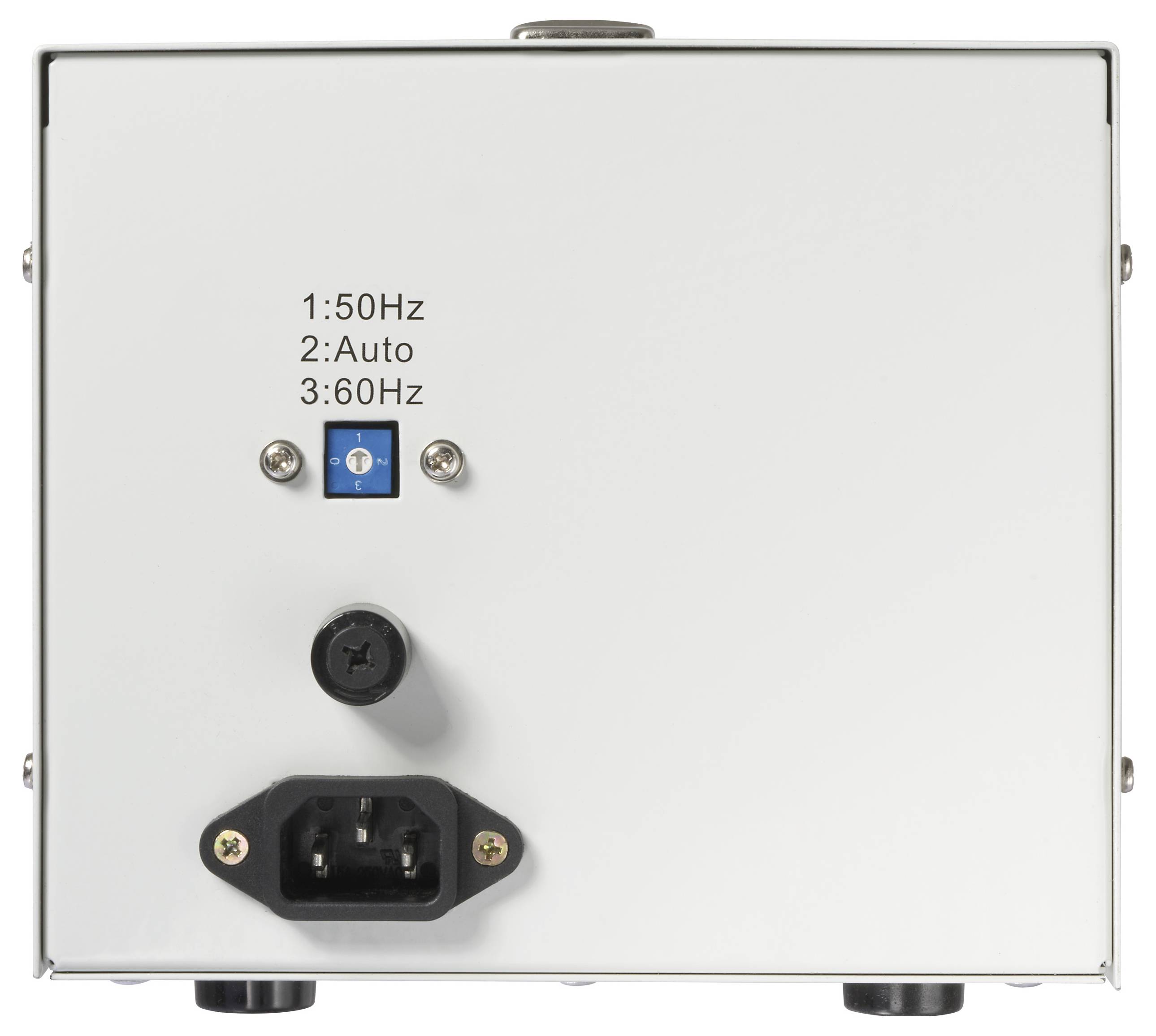 Rückseite eines weißen elektronischen Geräts mit einem Schalter für 50 Hz, Auto und 60 Hz-Einstellungen und einer Strombuchse am unteren Rand.