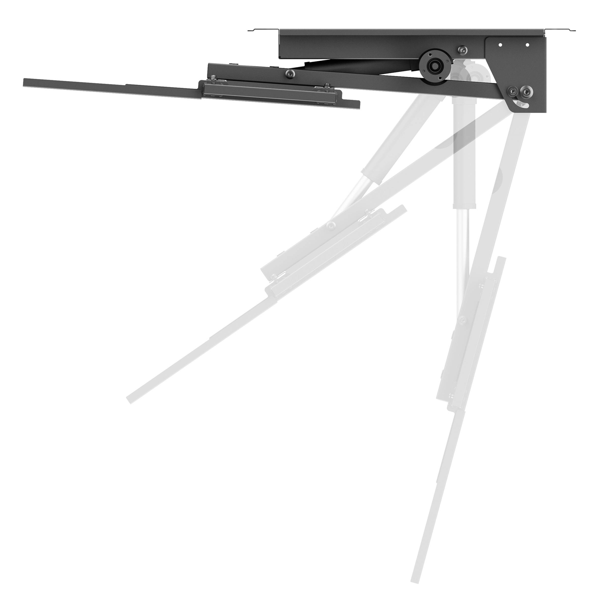 Eine Skizze, die einen mechanischen Arm in verschiedenen Ausstreckungspositionen zeigt und seinen Bewegungsbereich sowie Drehpunkte veranschaulicht.