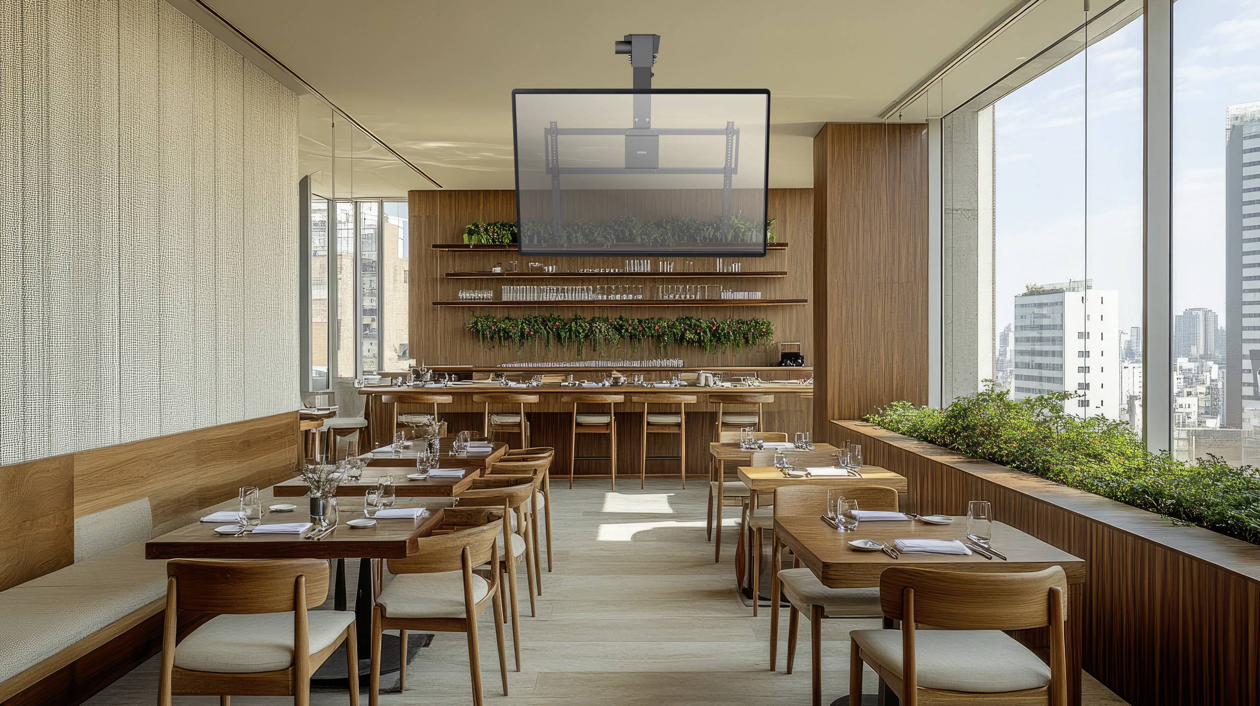 Ein modernes Restaurantinterieur mit Holztischen und -stühlen, einer grünen Pflanzengestaltung, großen Fenstern mit Stadtblick und einem Fernseher an der Decke.