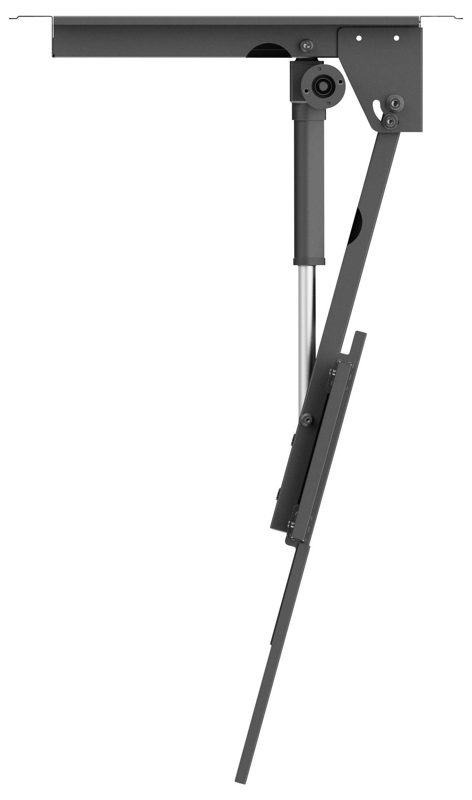 Seitenansicht eines mechanischen Hubwerks mit einem hydraulischen Kolben, verwendet für vertikale Bewegung, die die strukturellen Komponenten und Stützarme zeigt.